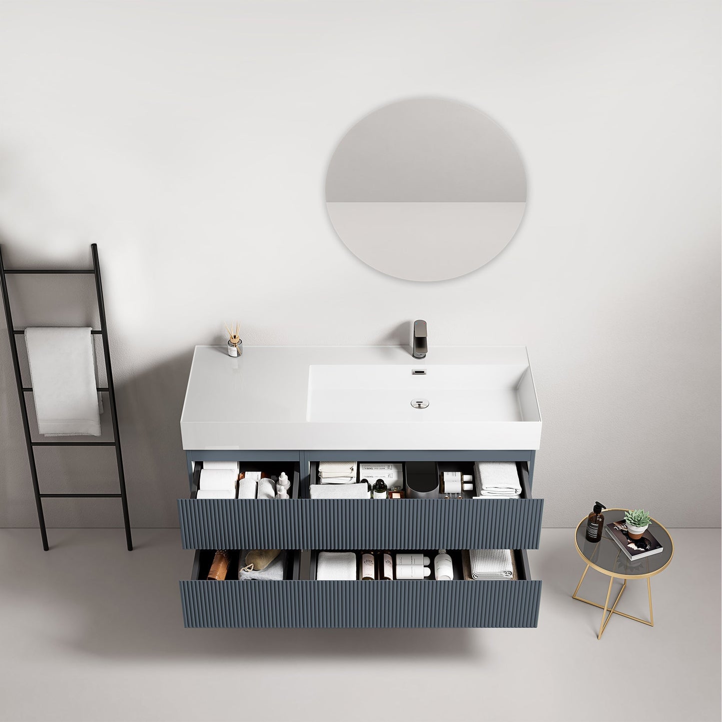 Mobile bagno sospeso cannettato 120 cm Blu Mare Lavabo a Destra in Resina Specchio Tondo - Fiji Paint