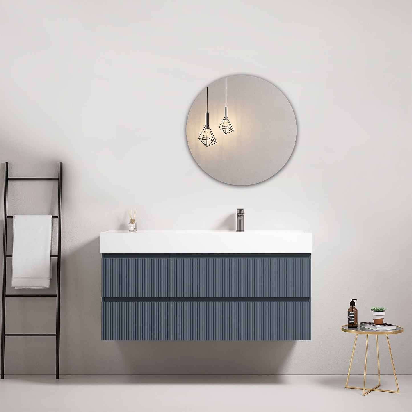Mobile bagno sospeso cannettato 120 cm Blu Mare Lavabo a Destra in Resina Specchio Tondo - Fiji Paint in un design moderno.