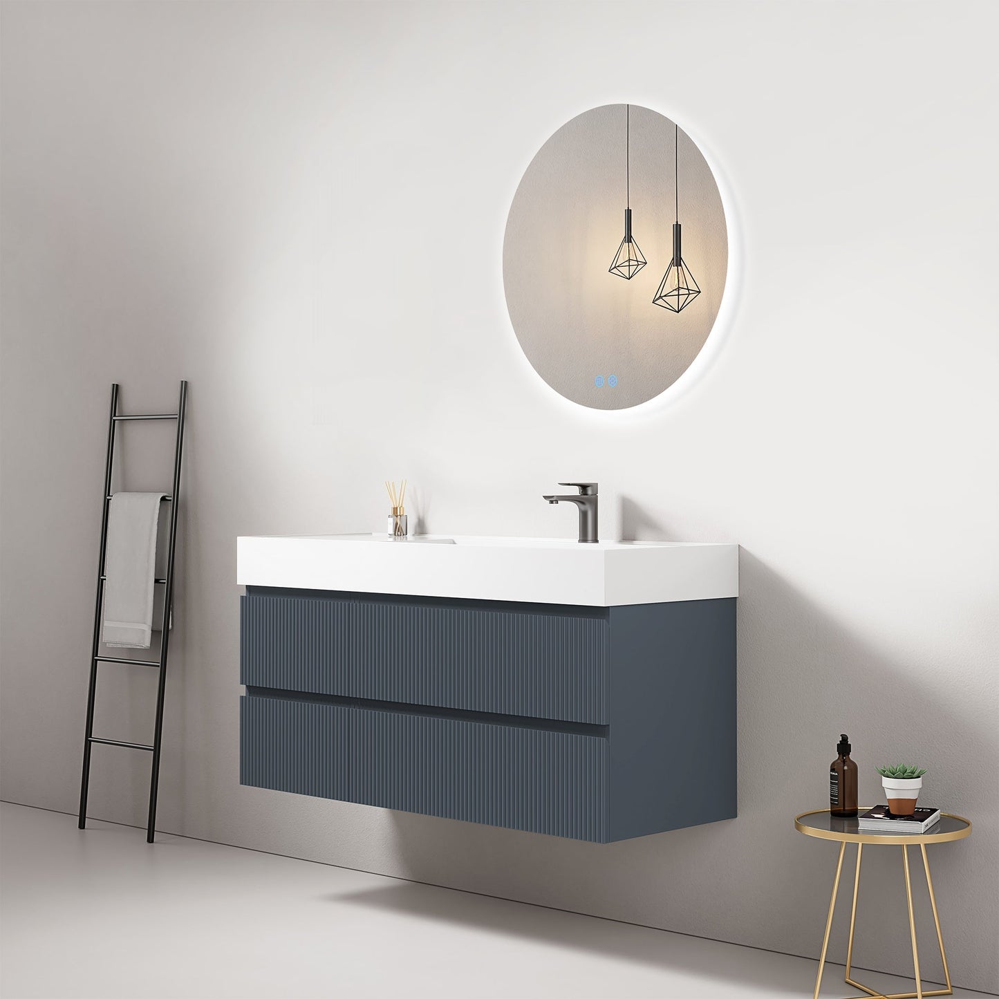 Mobile bagno sospeso cannettato 120 cm Blu Mare Lavabo a Destra in Resina Specchio Tondo Retroilluminato - Fiji Paint.