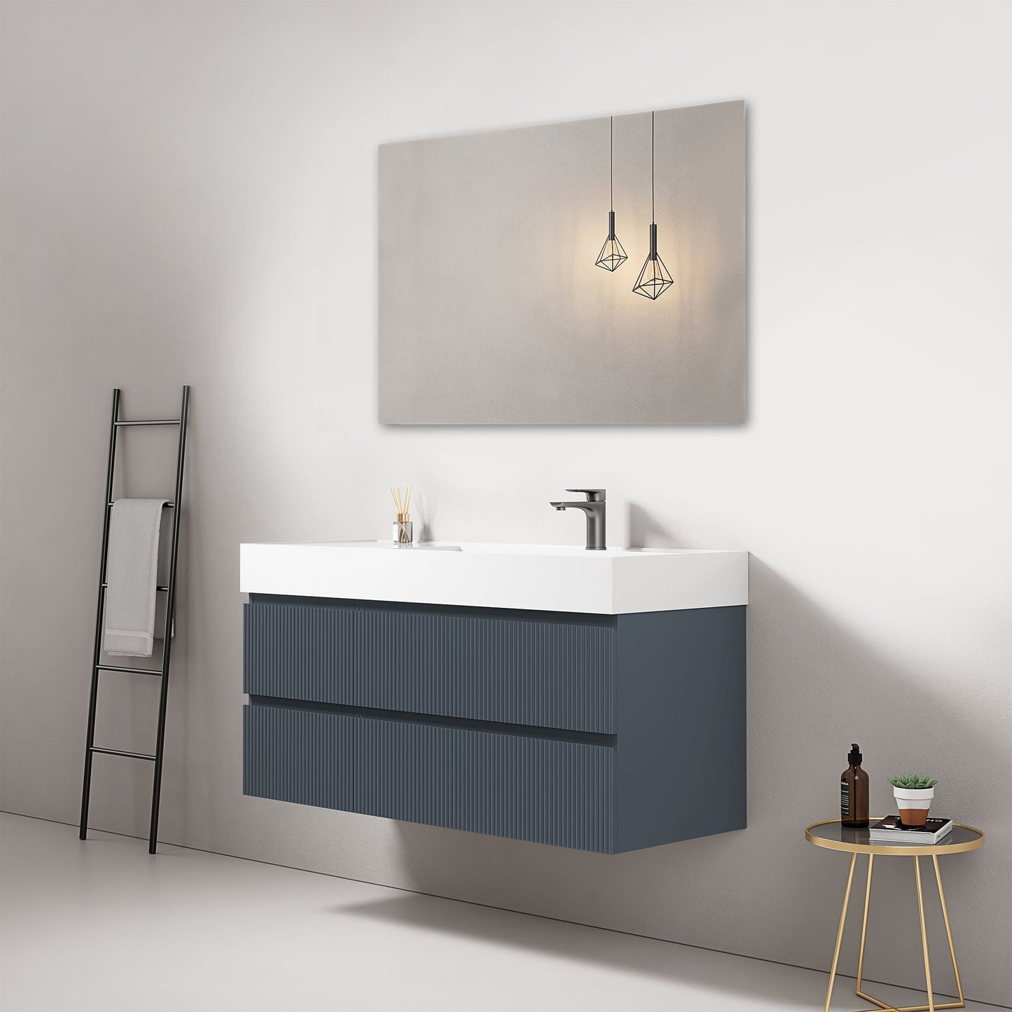 Mobile bagno sospeso cannettato 120 cm Blu Mare Lavabo a Destra in Resina Specchio Quadro - Fiji Paint