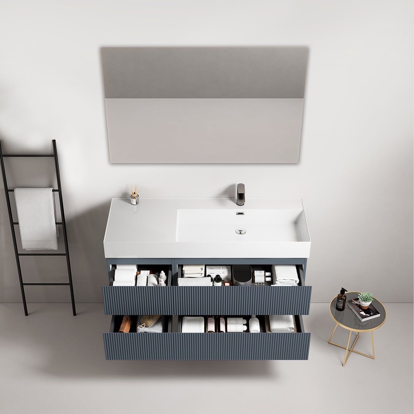 Mobile bagno sospeso cannettato 120 cm Blu Mare Lavabo a Destra in Resina Specchio Quadro - Fiji Paint