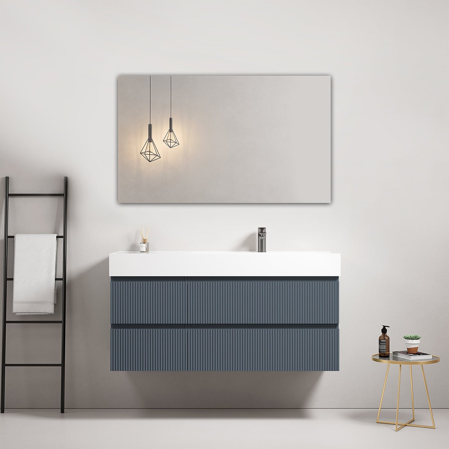 Mobile bagno sospeso cannettato 120 cm Blu Mare Lavabo a Destra in Resina Specchio Quadro - Fiji Paint