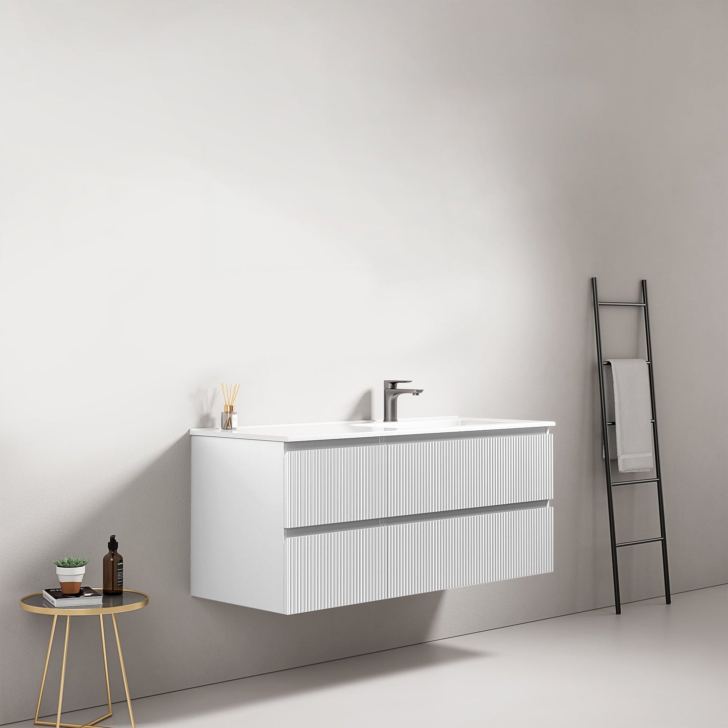 Mobile bagno sospeso cannettato 120 cm Bianco Lavabo a Destra in Ceramica Senza Specchio - Fiji Paint