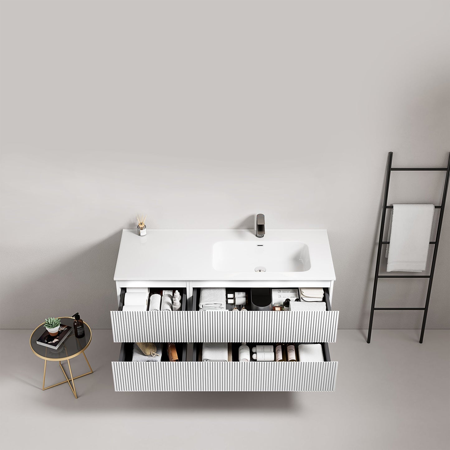 Mobile bagno sospeso cannettato 120 cm Bianco Lavabo a Destra in Ceramica Senza Specchio - Fiji Paint
