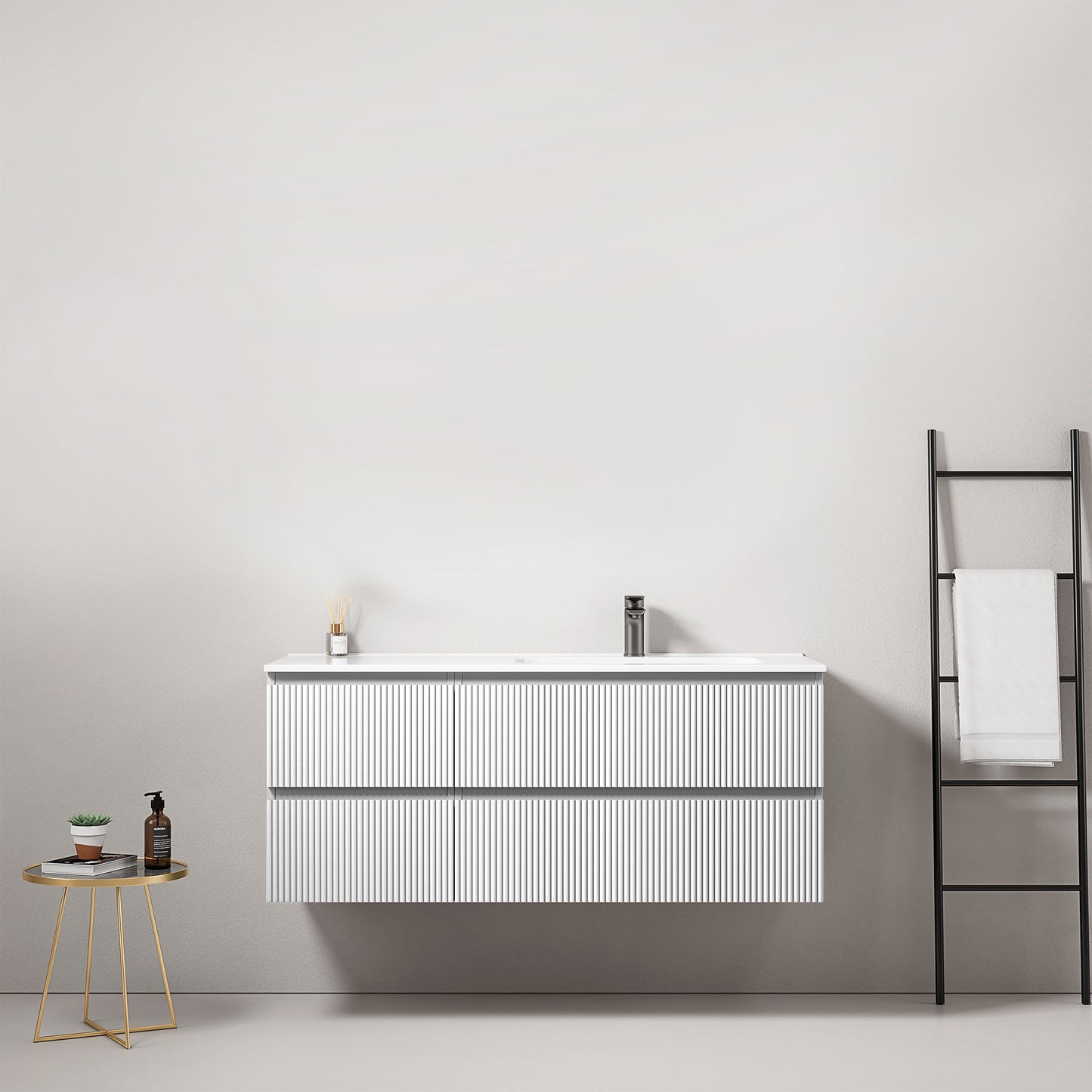 Mobile bagno sospeso cannettato 120 cm Bianco Lavabo a Destra in Ceramica Senza Specchio - Fiji Paint