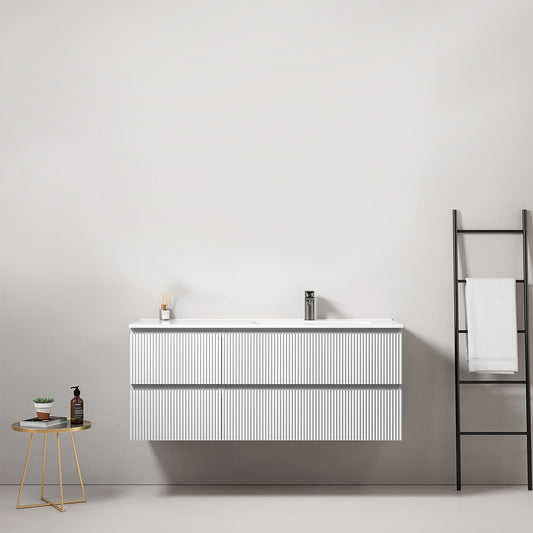 Mobile bagno sospeso cannettato 120 cm Bianco Lavabo a Destra in Ceramica Senza Specchio - Fiji Paint