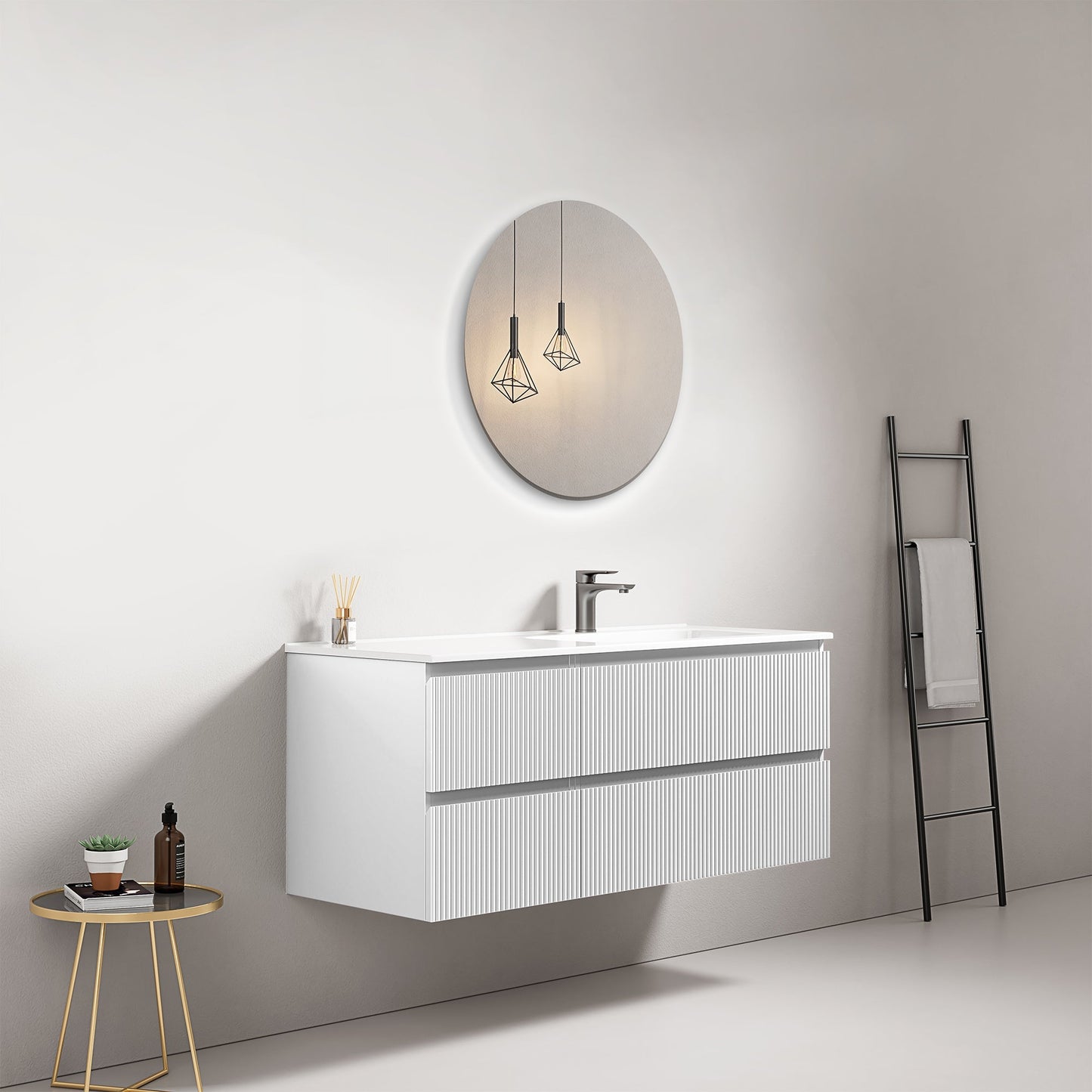 Mobile bagno sospeso cannettato 120 cm Bianco Lavabo a Destra in Ceramica Specchio Tondo - Fiji Paint