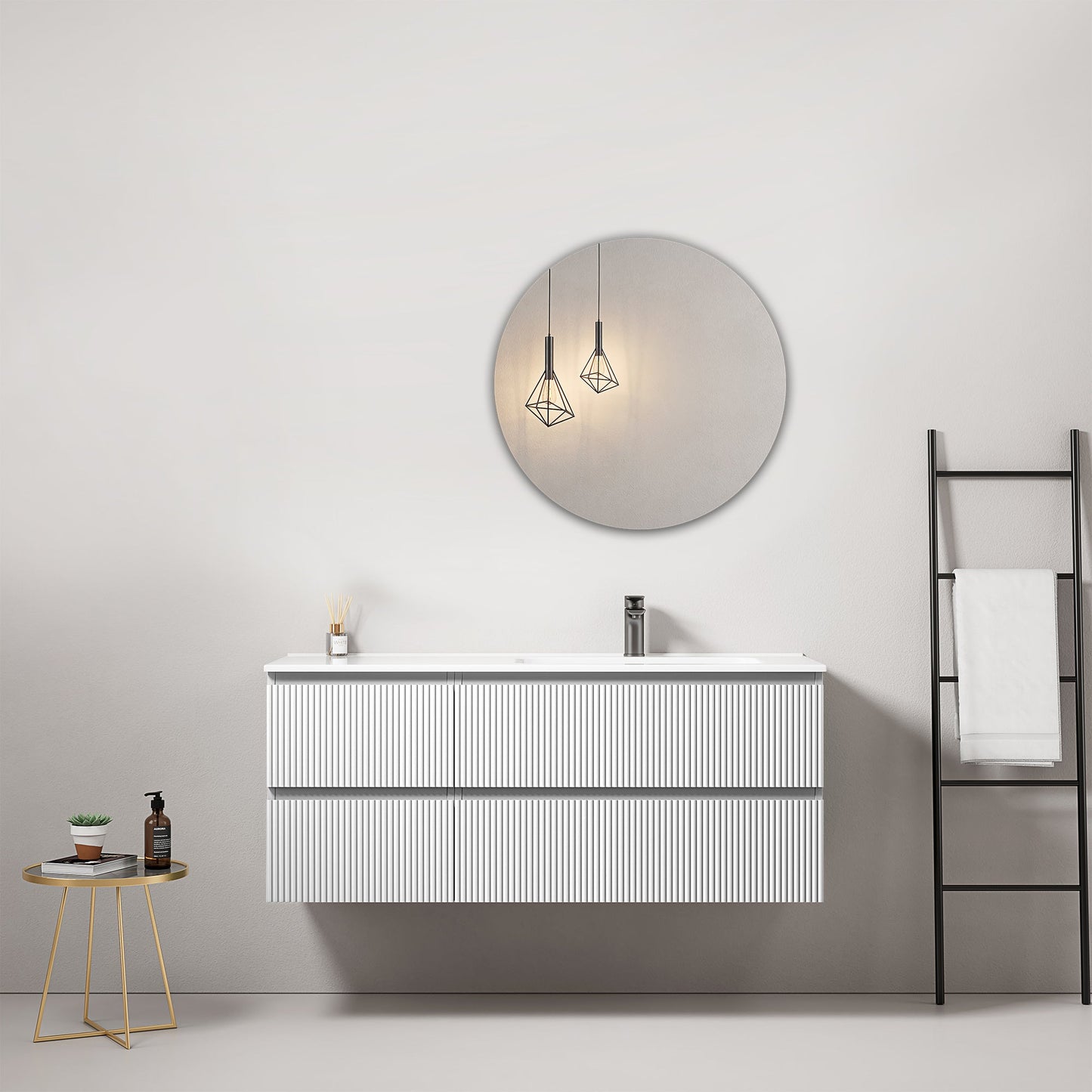 Mobile bagno sospeso cannettato 120 cm Bianco Lavabo a Destra in Ceramica Specchio Tondo - Fiji Paint