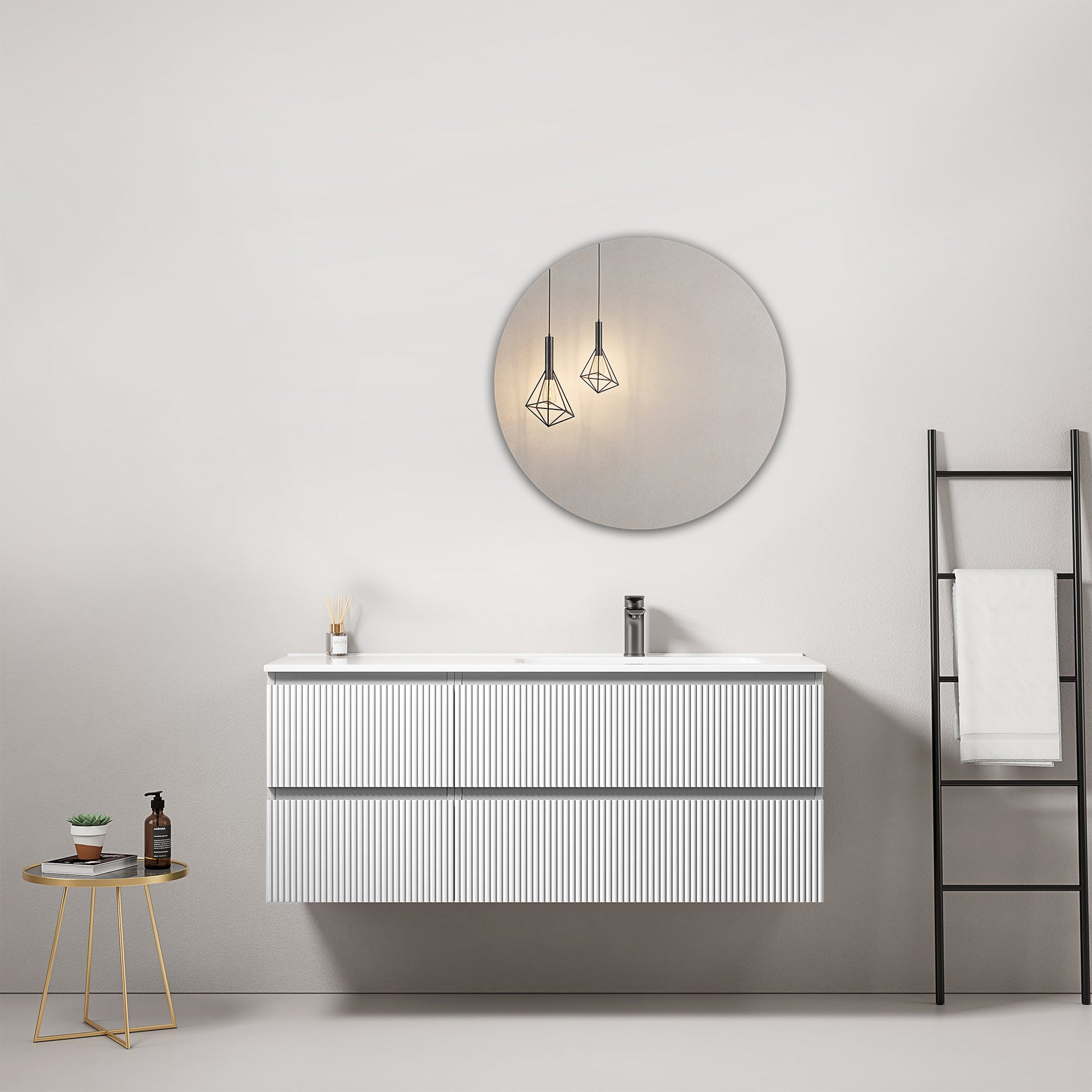 Mobile bagno sospeso cannettato 120 cm Bianco Lavabo a Destra in Ceramica Specchio Tondo - Fiji Paint