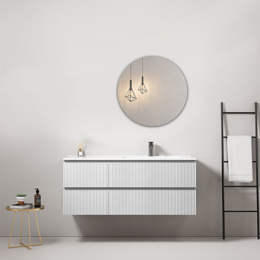 Mobile bagno sospeso cannettato 120 cm Bianco Lavabo a Destra in Ceramica Specchio Tondo - Fiji Paint