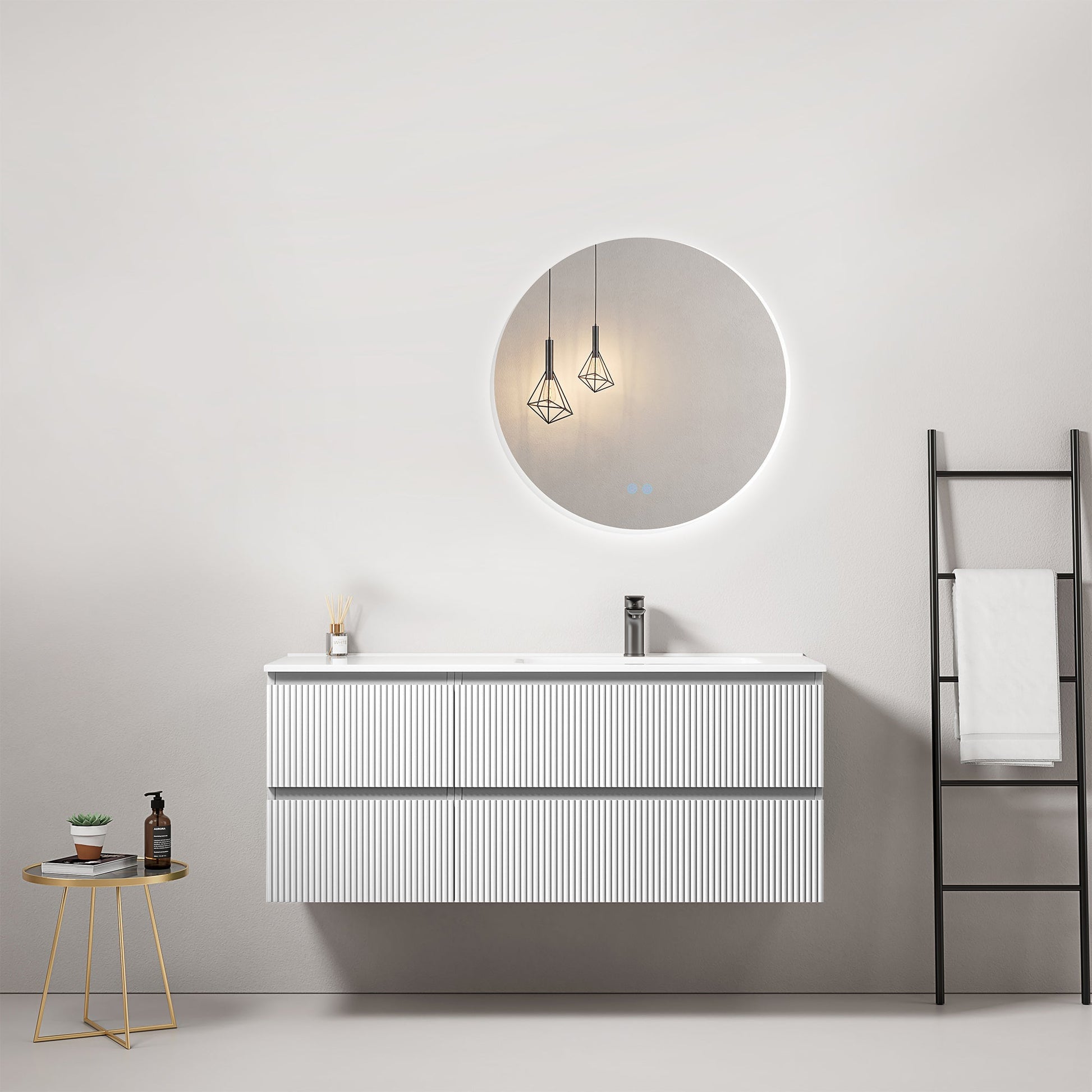 Mobile bagno sospeso cannettato 120 cm Bianco Lavabo a Destra in Ceramica Specchio Tondo Retroilluminato - Fiji Paint