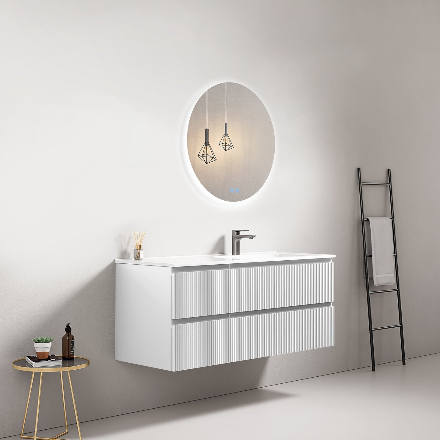 Mobile bagno sospeso cannettato 120 cm Bianco Lavabo a Destra in Ceramica Specchio Tondo Retroilluminato - Fiji Paint.