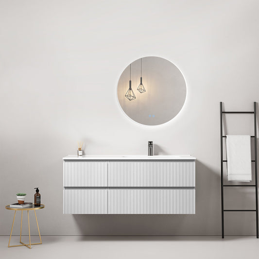 Mobile bagno sospeso cannettato 120 cm Bianco Lavabo a Destra in Ceramica Specchio Tondo Retroilluminato - Fiji Paint
