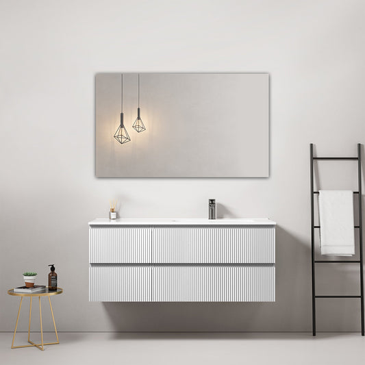 Mobile bagno sospeso cannettato 120 cm Bianco Lavabo a Destra in Ceramica Specchio Quadro - Fiji Paint