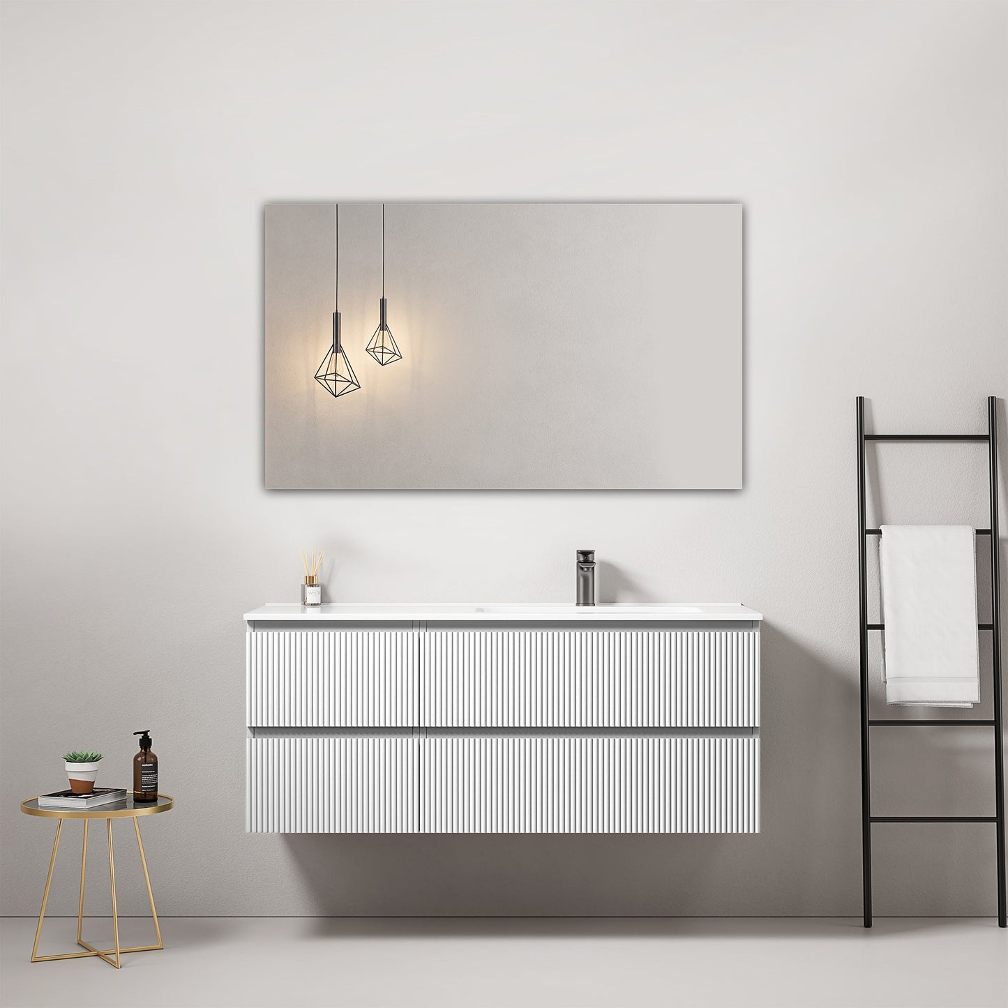 Mobile bagno sospeso cannettato 120 cm Bianco Lavabo a Destra in Ceramica Specchio Quadro - Fiji Paint