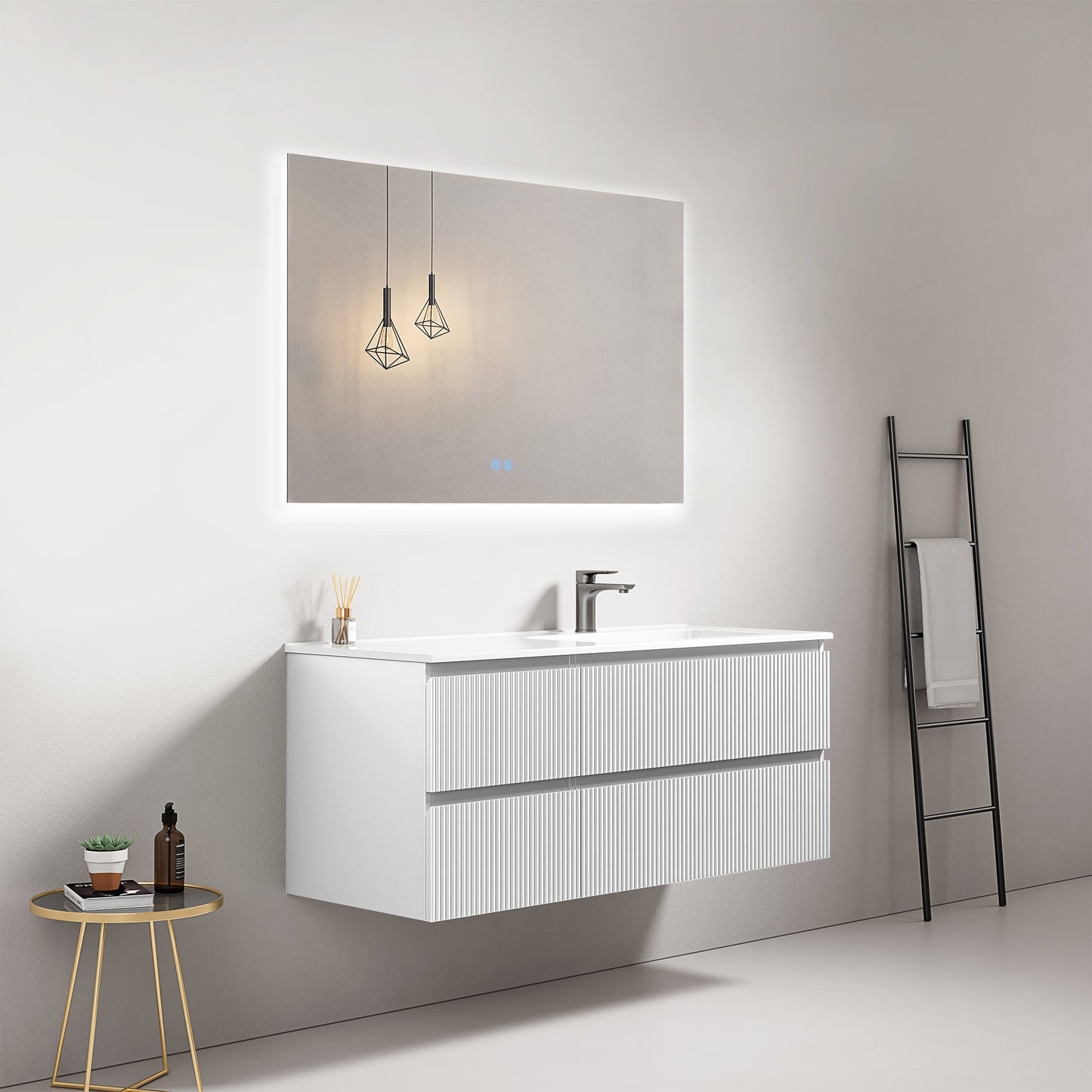 Mobile bagno sospeso cannettato 120 cm Bianco Lavabo a Destra in Ceramica Specchio Quadro Retroilluminato - Fiji Paint
