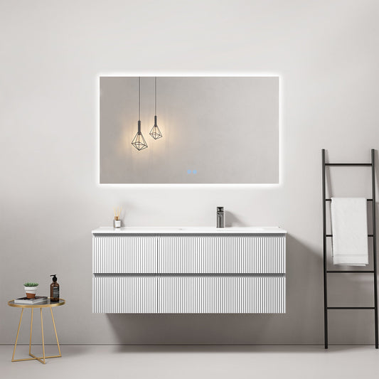Mobile bagno sospeso cannettato 120 cm Bianco Lavabo a Destra in Ceramica Specchio Quadro Retroilluminato - Fiji Paint
