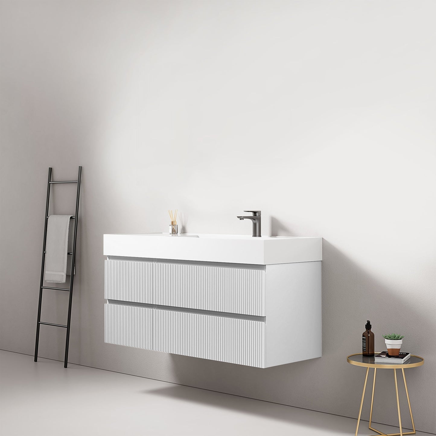 Mobile bagno sospeso cannettato 120 cm Bianco Lavabo a Destra in Resina Senza Specchio - Fiji Paint