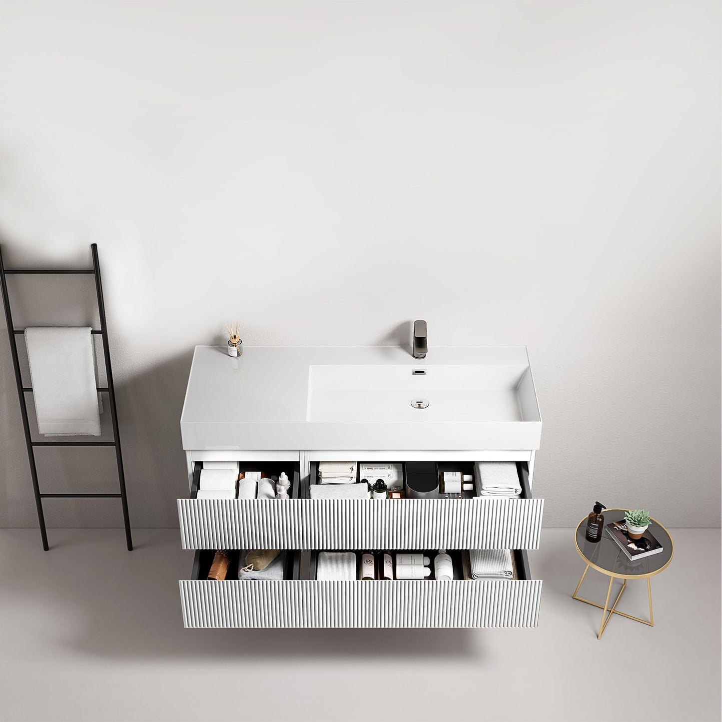 Mobile bagno sospeso cannettato 120 cm Bianco Lavabo a Destra in Resina Senza Specchio - Fiji Paint
