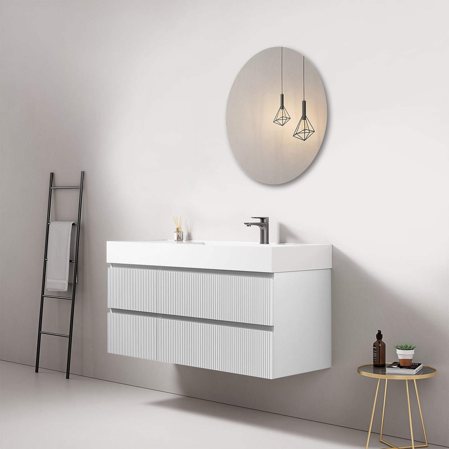 Mobile bagno sospeso cannettato 120 cm Bianco Lavabo a Destra in Resina Specchio Tondo - Fiji Paint