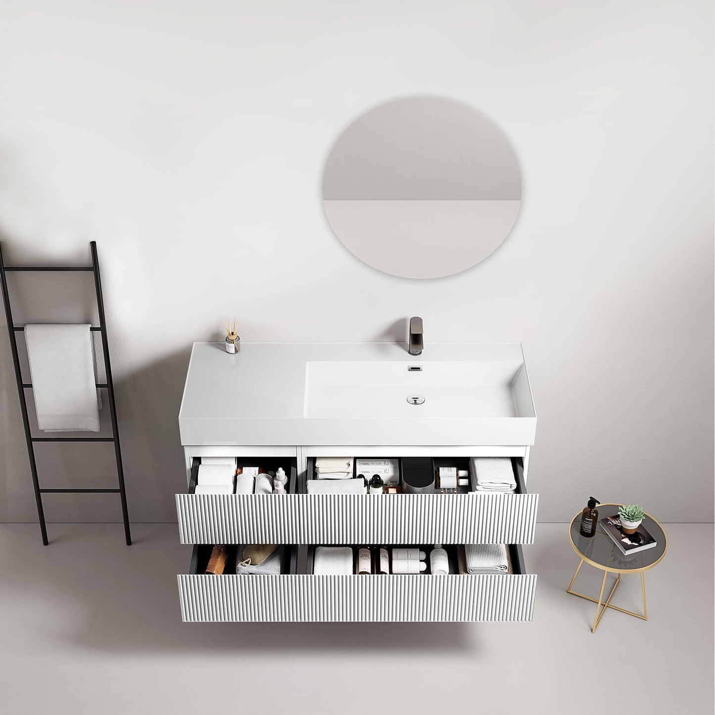 Mobile bagno sospeso cannettato 120 cm Bianco Lavabo a Destra in Resina Specchio Tondo - Fiji Paint con specchio tondo.