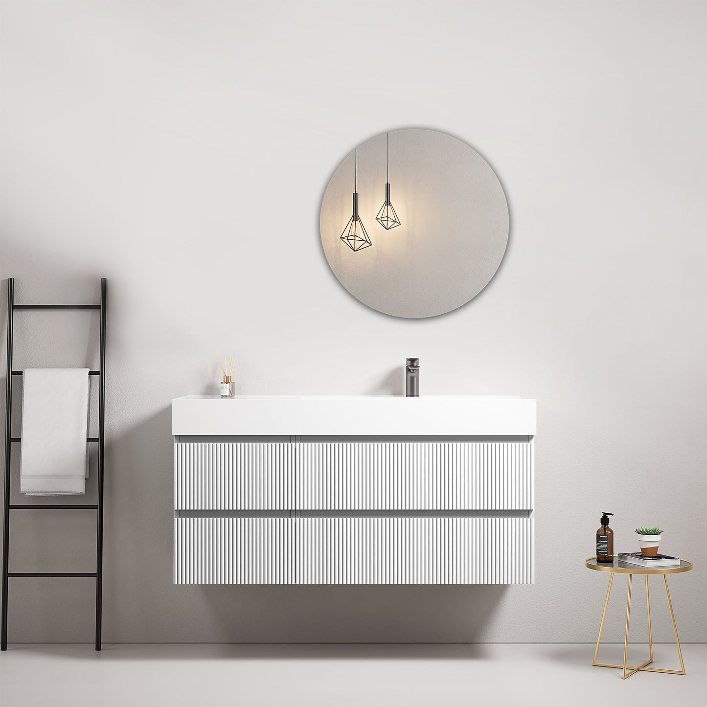 Mobile bagno sospeso cannettato 120 cm Bianco Lavabo a Destra in Resina Specchio Tondo - Fiji Paint in un ambiente moderno.