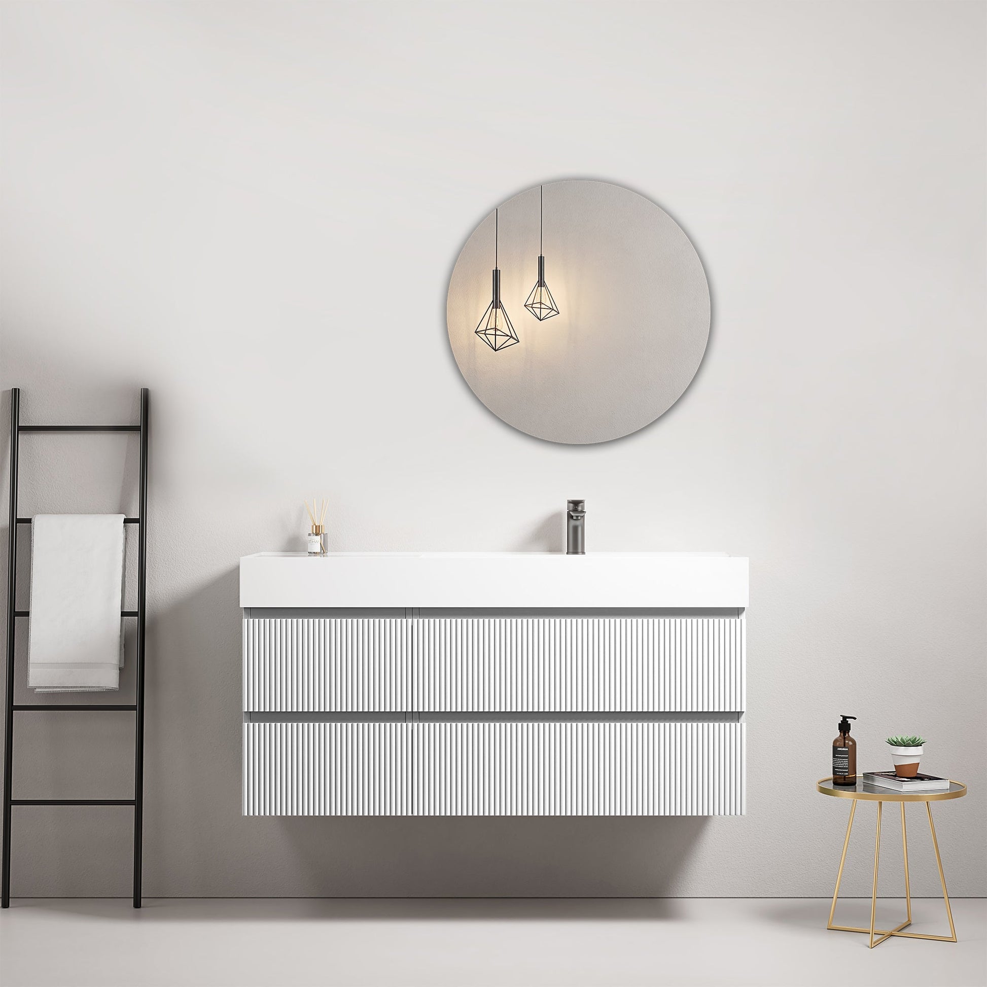 Mobile bagno sospeso cannettato 120 cm Bianco Lavabo a Destra in Resina Specchio Tondo - Fiji Paint in bagno moderno