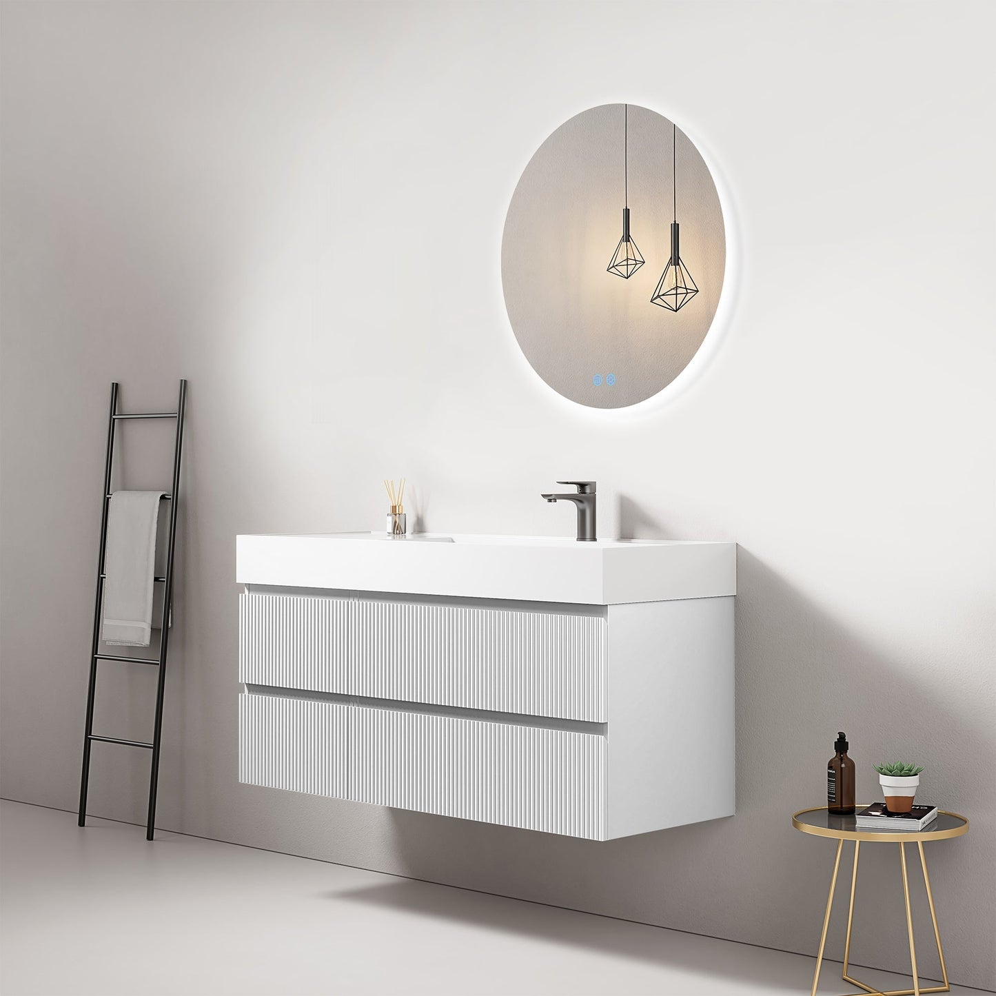 Mobile bagno sospeso cannettato 120 cm Bianco Lavabo a Destra in Resina Specchio Tondo Retroilluminato - Fiji Paint