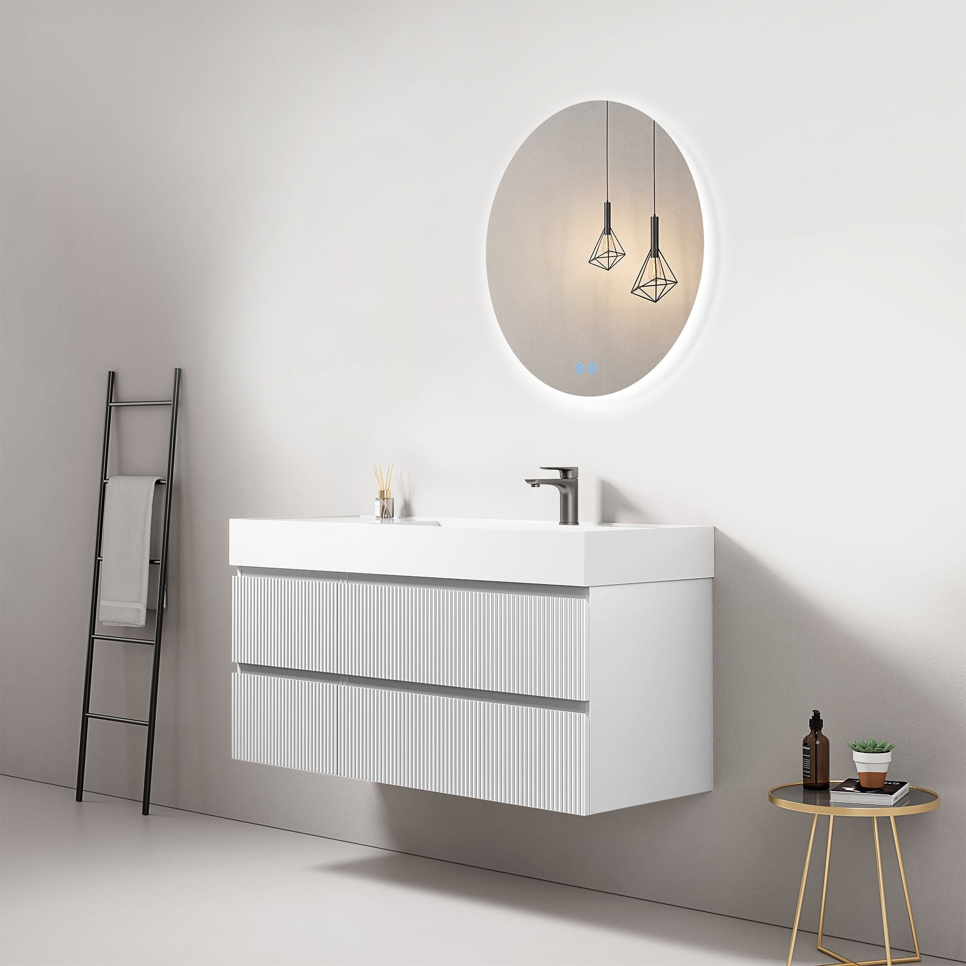 Mobile bagno sospeso cannettato 120 cm Bianco Lavabo a Destra in Resina Specchio Tondo Retroilluminato - Fiji Paint