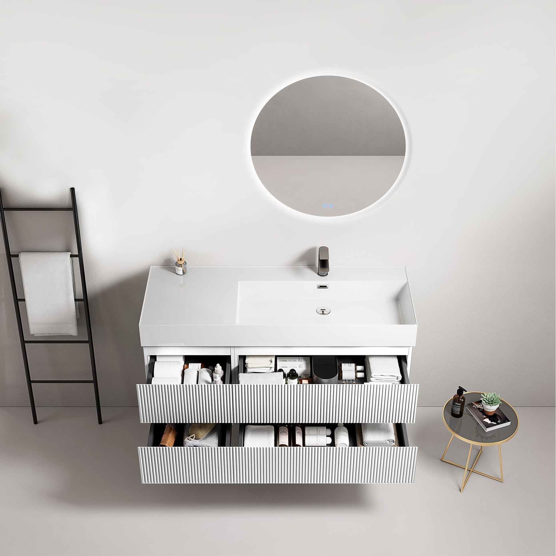 Mobile bagno sospeso cannettato 120 cm Bianco Lavabo a Destra in Resina Specchio Tondo Retroilluminato - Fiji Paint