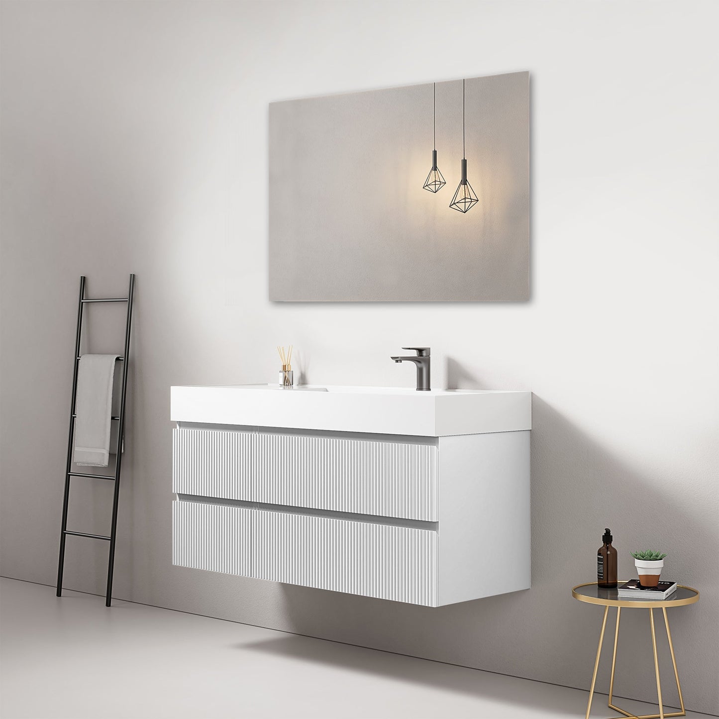 Mobile bagno sospeso cannettato 120 cm Bianco Lavabo a Destra in Resina Specchio Quadro - Fiji Paint