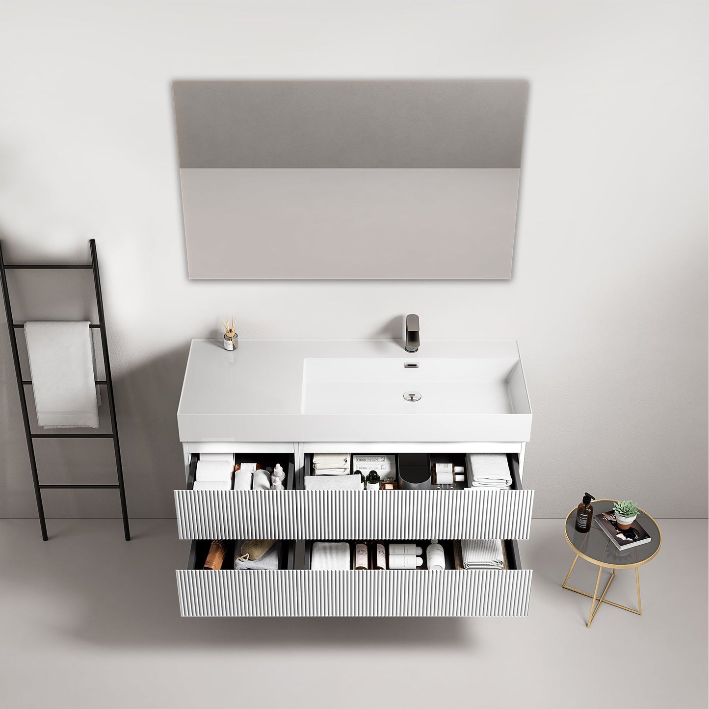 Mobile bagno sospeso cannettato 120 cm Bianco Lavabo a Destra in Resina Specchio Quadro - Fiji Paint