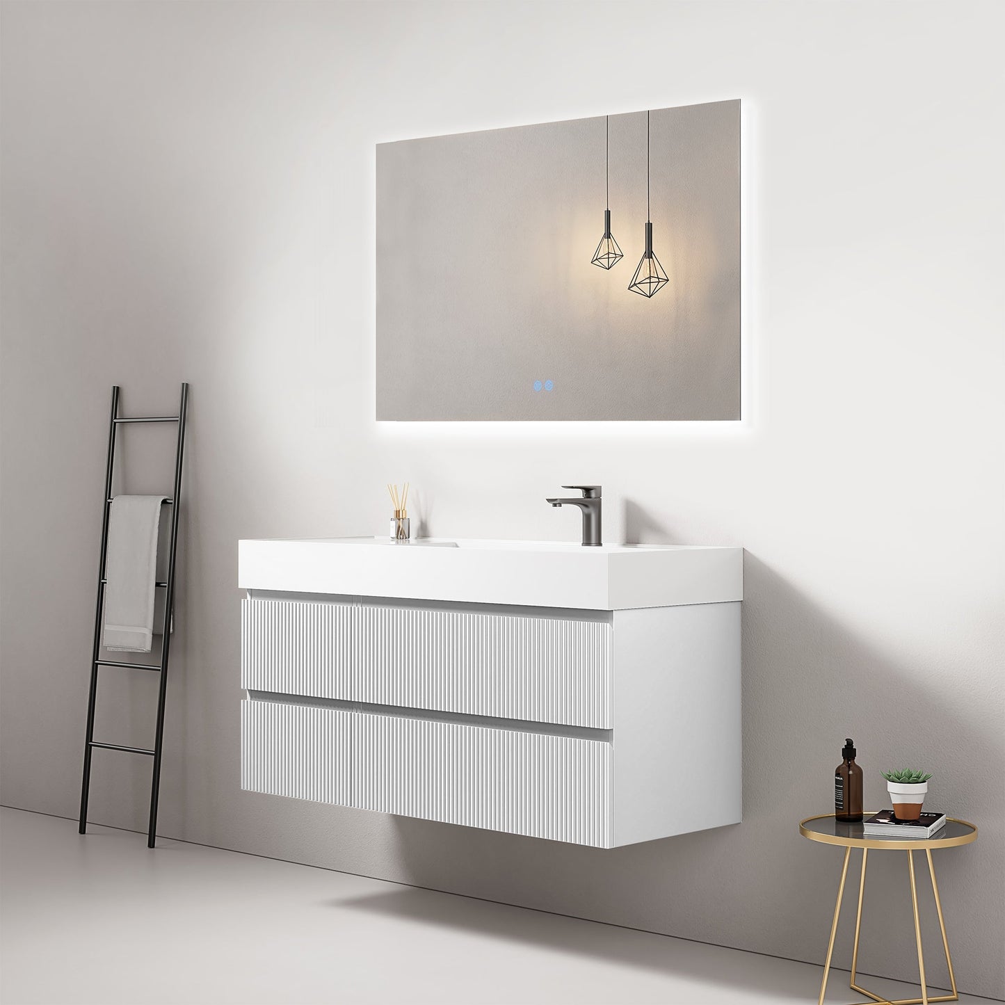 Mobile bagno sospeso cannettato 120 cm Bianco Lavabo a Destra in Resina Specchio Quadro Retroilluminato - Fiji Paint