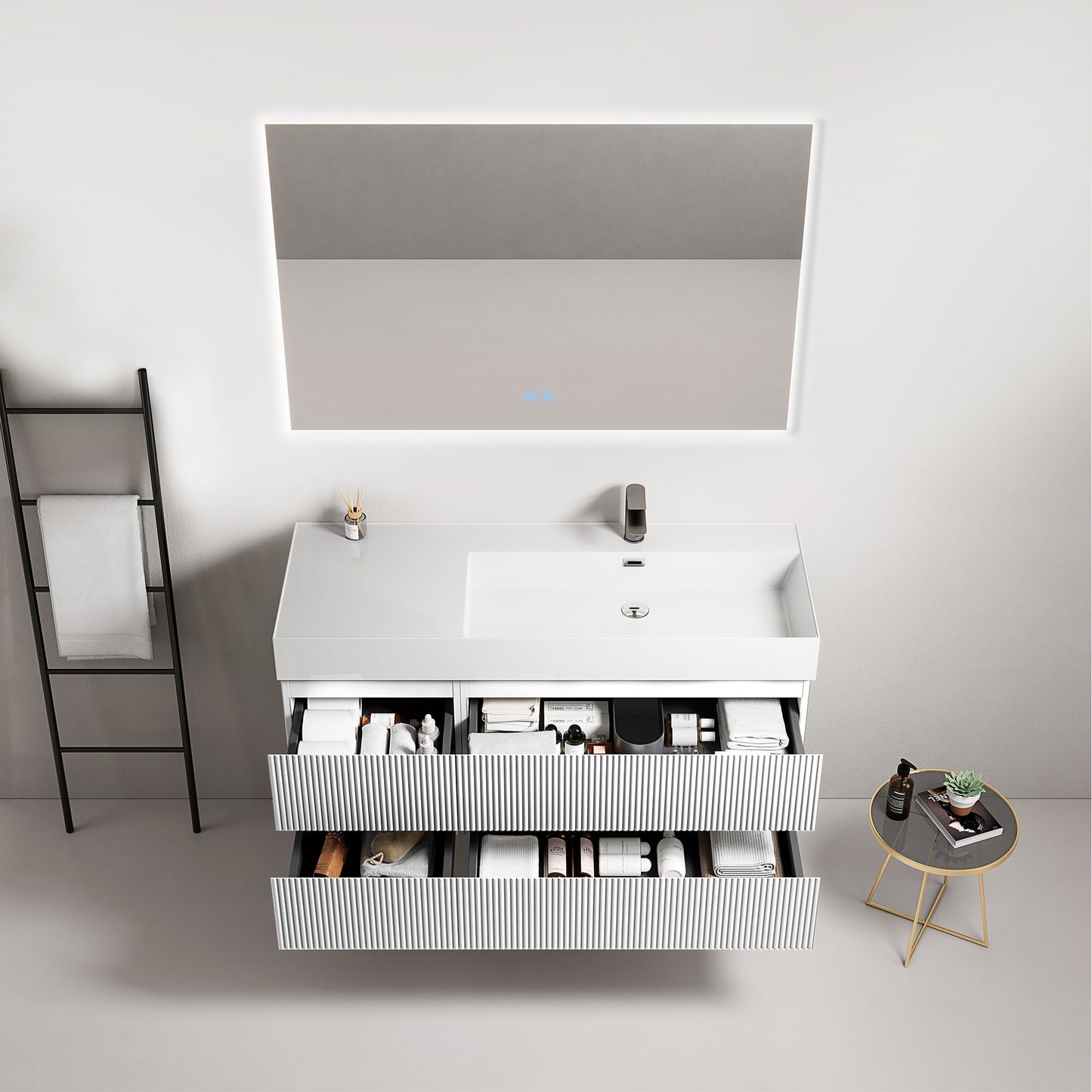 Mobile bagno sospeso cannettato 120 cm Bianco Lavabo a Destra in Resina Specchio Quadro Retroilluminato - Fiji Paint