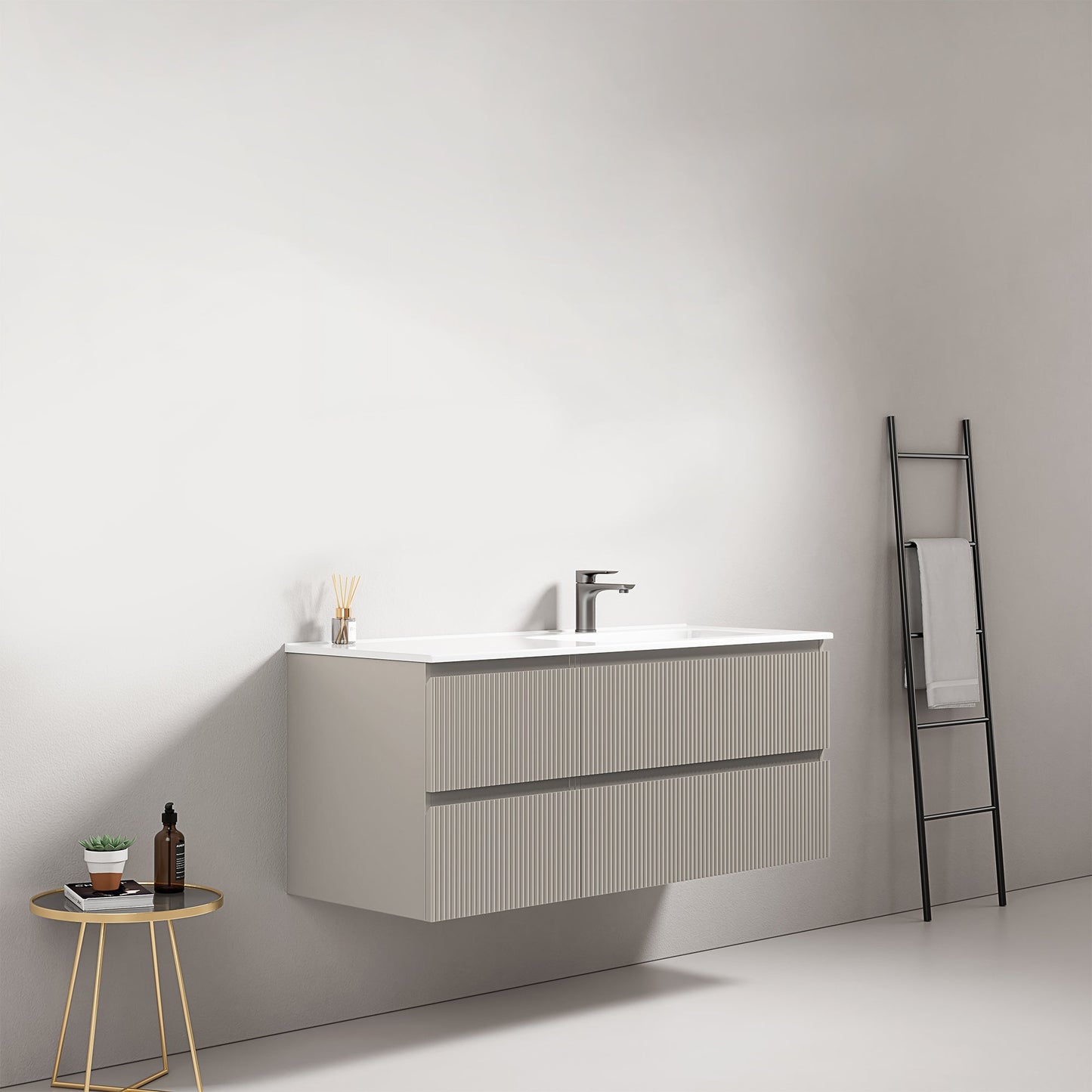 Mobile bagno sospeso cannettato 120 cm Grigio Cenere Lavabo a Destra in Ceramica Senza Specchio - Fiji Paint
