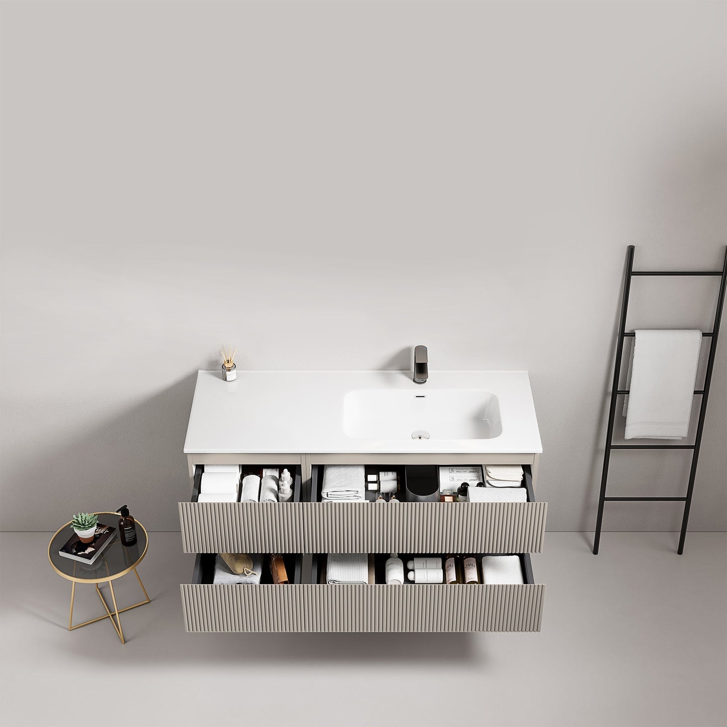 Mobile bagno sospeso cannettato 120 cm Grigio Cenere Lavabo a Destra in Ceramica Senza Specchio - Fiji Paint
