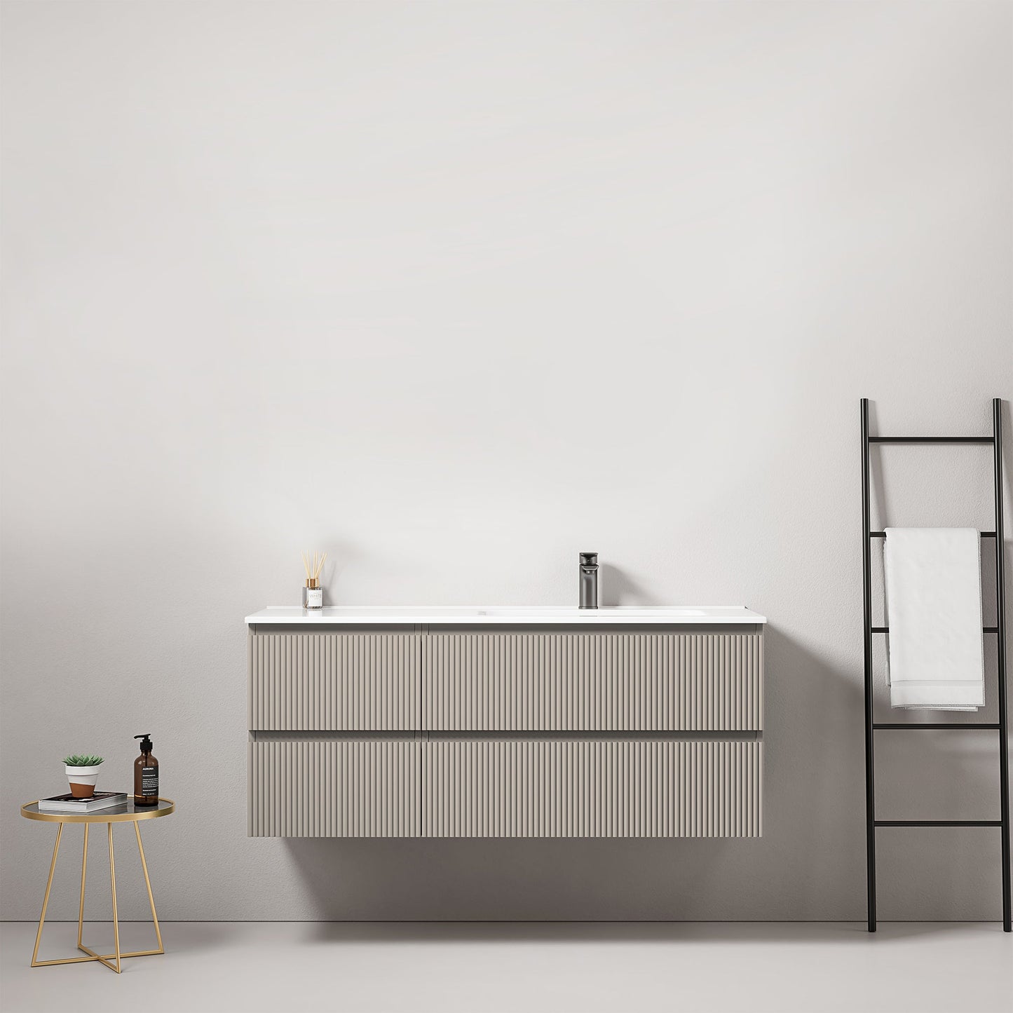 Mobile bagno sospeso cannettato 120 cm Grigio Cenere Lavabo a Destra in Ceramica Senza Specchio - Fiji Paint