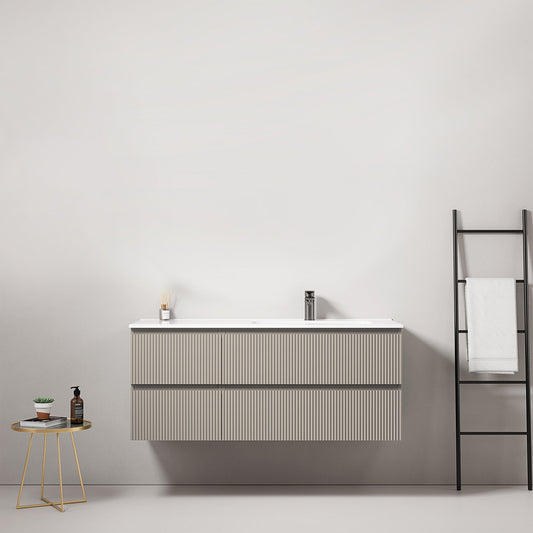 Mobile bagno sospeso cannettato 120 cm Grigio Cenere Lavabo a Destra in Ceramica Senza Specchio - Fiji Paint