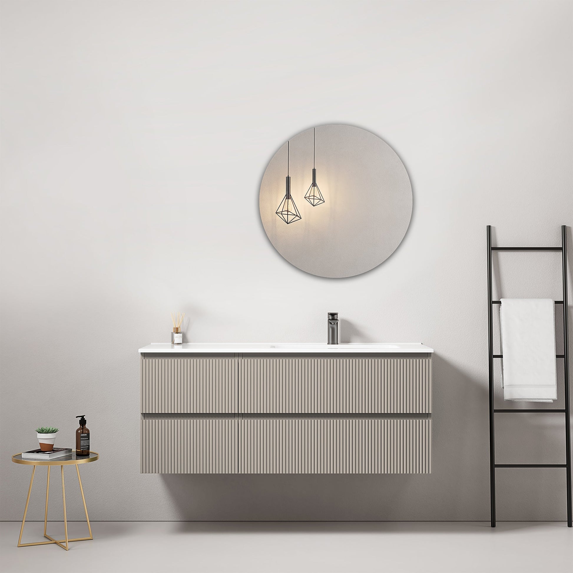 Mobile bagno sospeso cannettato 120 cm Grigio Cenere Lavabo a Destra in Ceramica Specchio Tondo - Fiji Paint