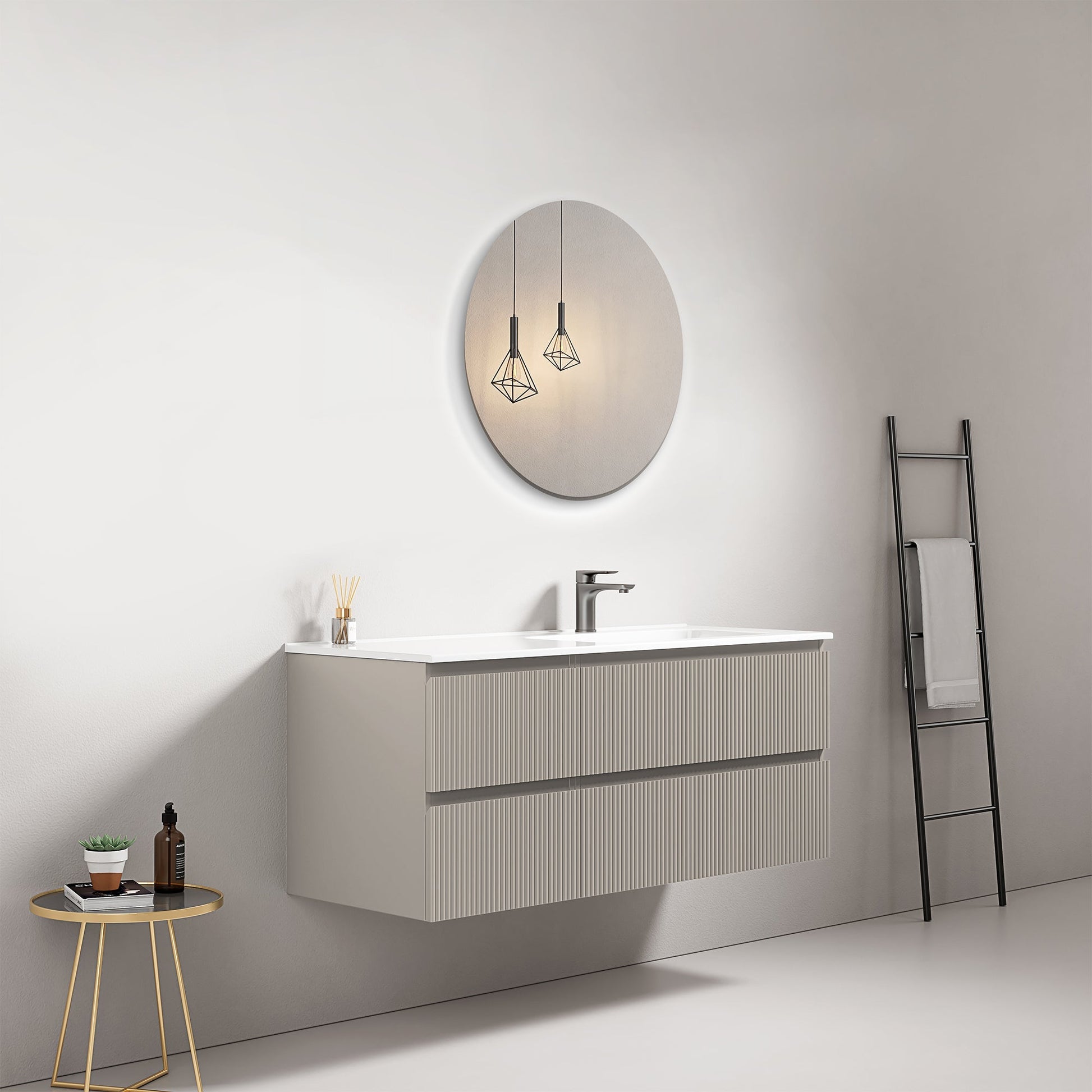 Mobile bagno sospeso cannettato 120 cm Grigio Cenere Lavabo a Destra in Ceramica Specchio Tondo - Fiji Paint