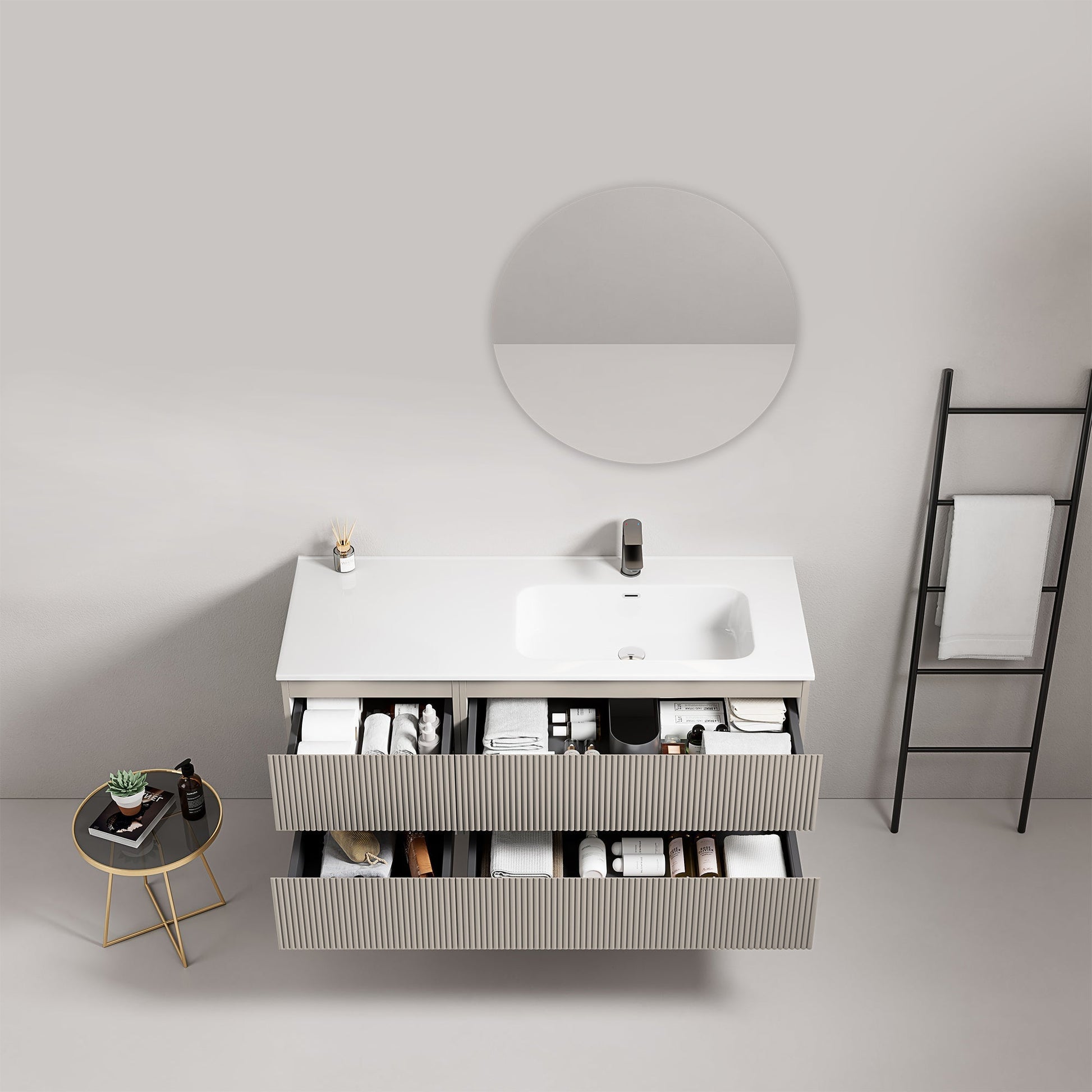 Mobile bagno sospeso cannettato 120 cm Grigio Cenere Lavabo a Destra in Ceramica Specchio Tondo - Fiji Paint