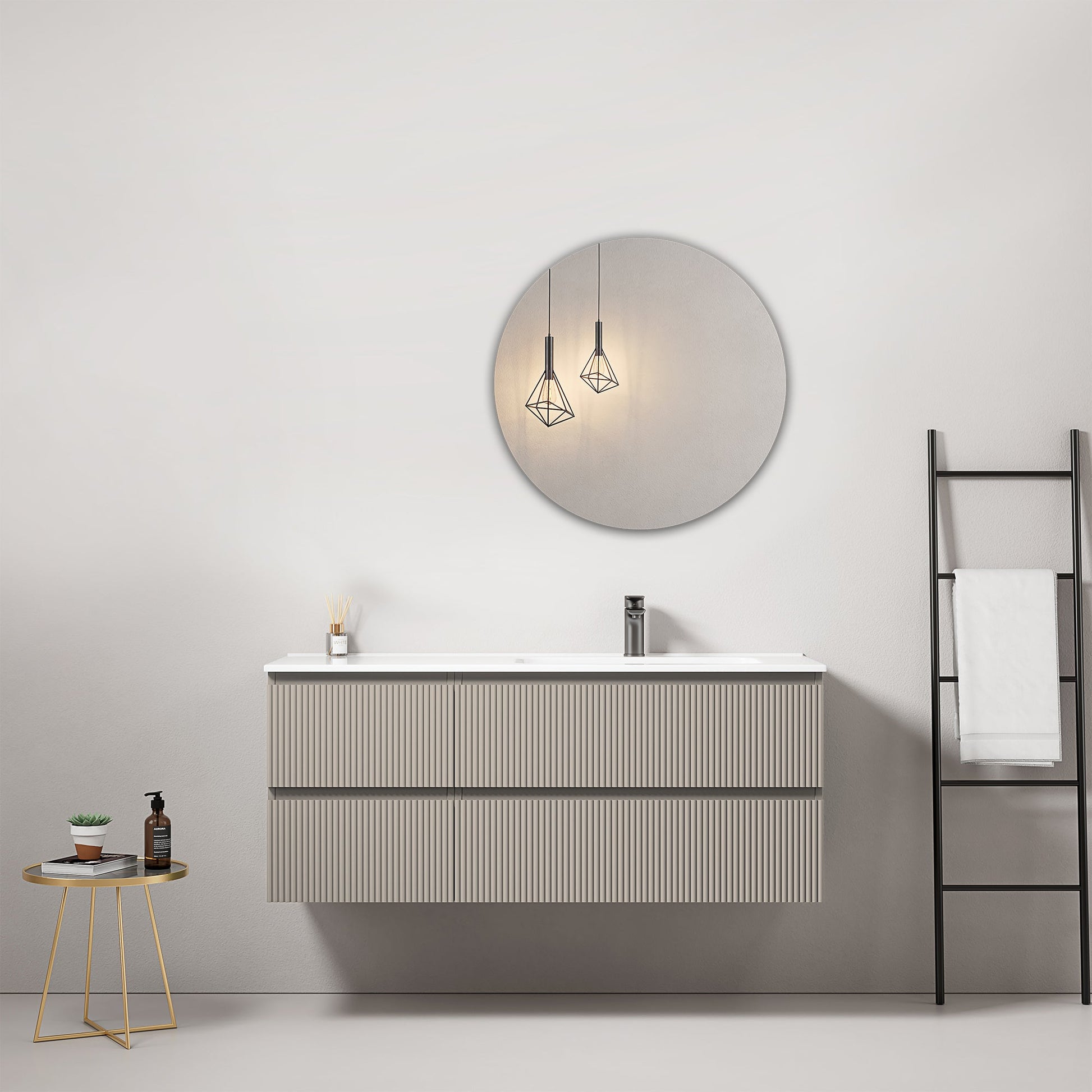 Mobile bagno sospeso cannettato 120 cm Grigio Cenere Lavabo a Destra in Ceramica Specchio Tondo - Fiji Paint.