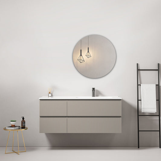 Mobile bagno sospeso cannettato 120 cm Grigio Cenere Lavabo a Destra in Ceramica Specchio Tondo - Fiji Paint.