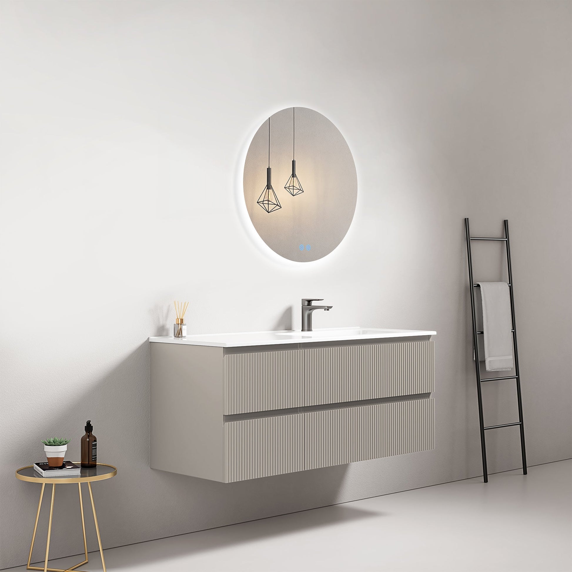 Mobile bagno sospeso cannettato 120 cm Grigio Cenere Lavabo a Destra in Ceramica Specchio Tondo Retroilluminato - Fiji Paint