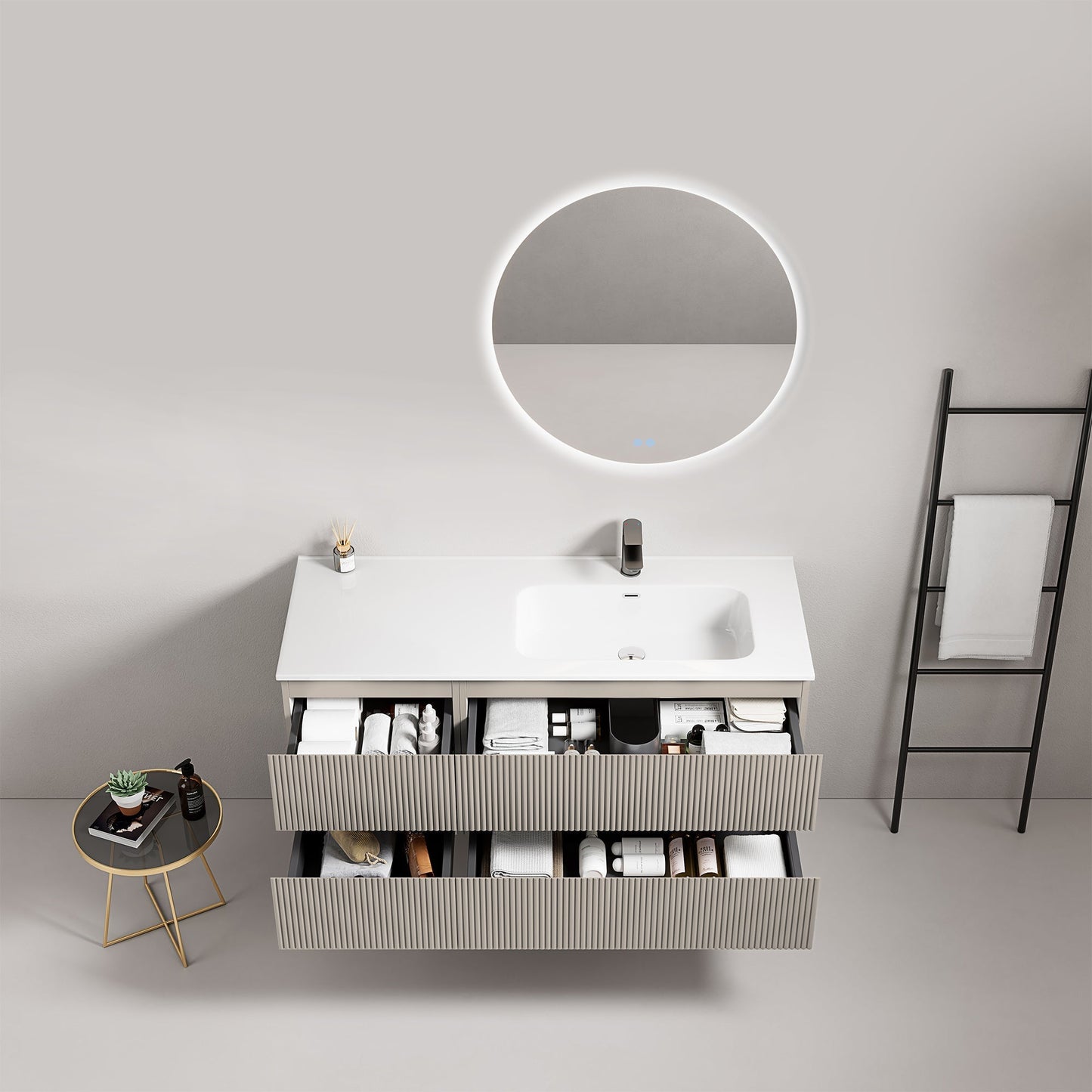 Mobile bagno sospeso cannettato 120 cm Grigio Cenere Lavabo a Destra in Ceramica Specchio Tondo Retroilluminato - Fiji Paint