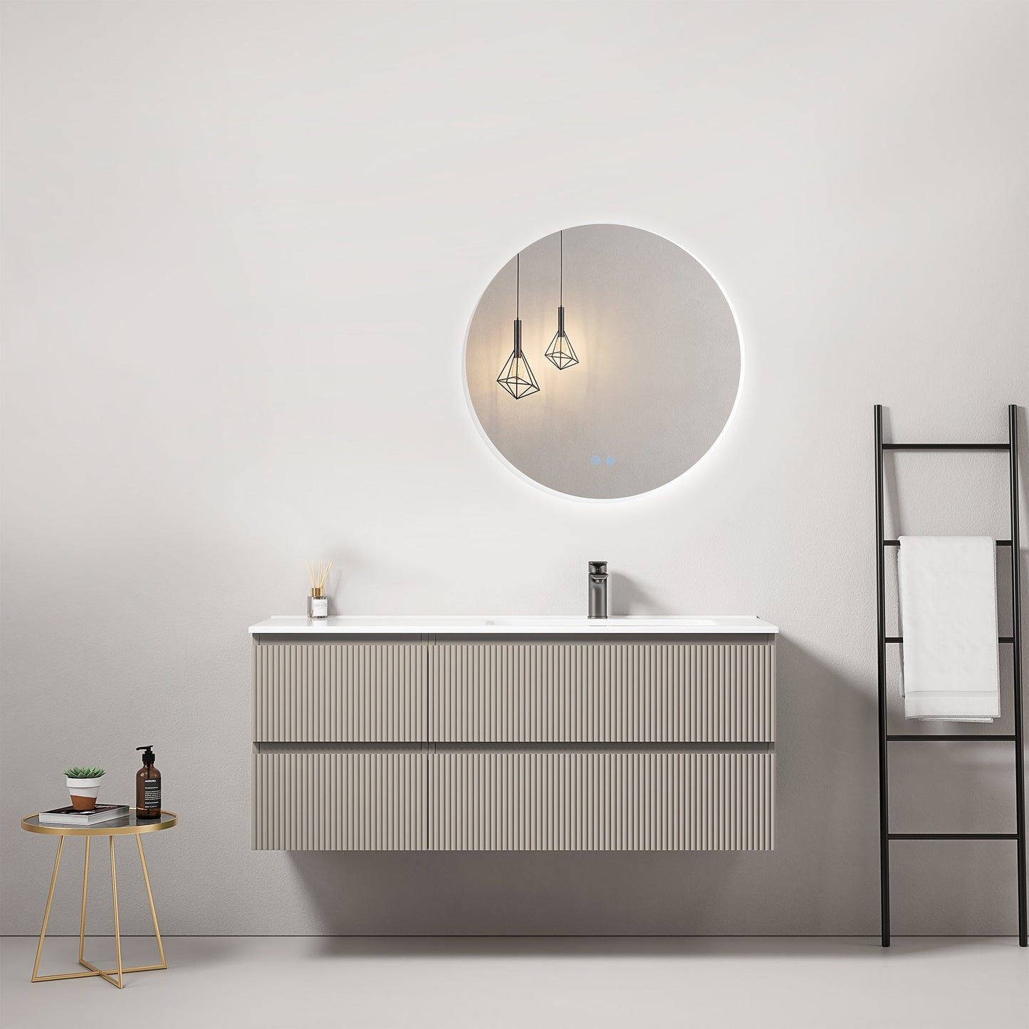 Mobile bagno sospeso cannettato 120 cm Grigio Cenere Lavabo a Destra in Ceramica Specchio Tondo Retroilluminato - Fiji Paint