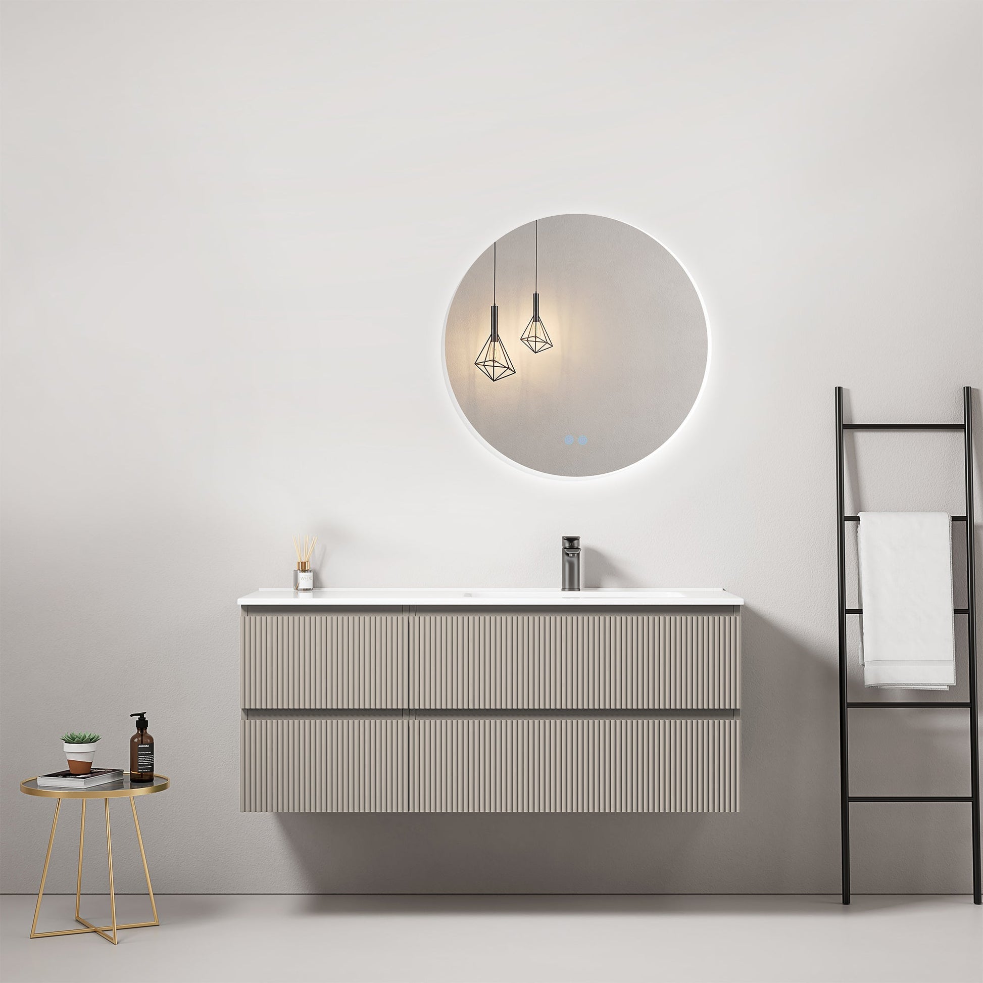 Mobile bagno sospeso cannettato 120 cm Grigio Cenere Lavabo a Destra in Ceramica Specchio Tondo Retroilluminato - Fiji Paint