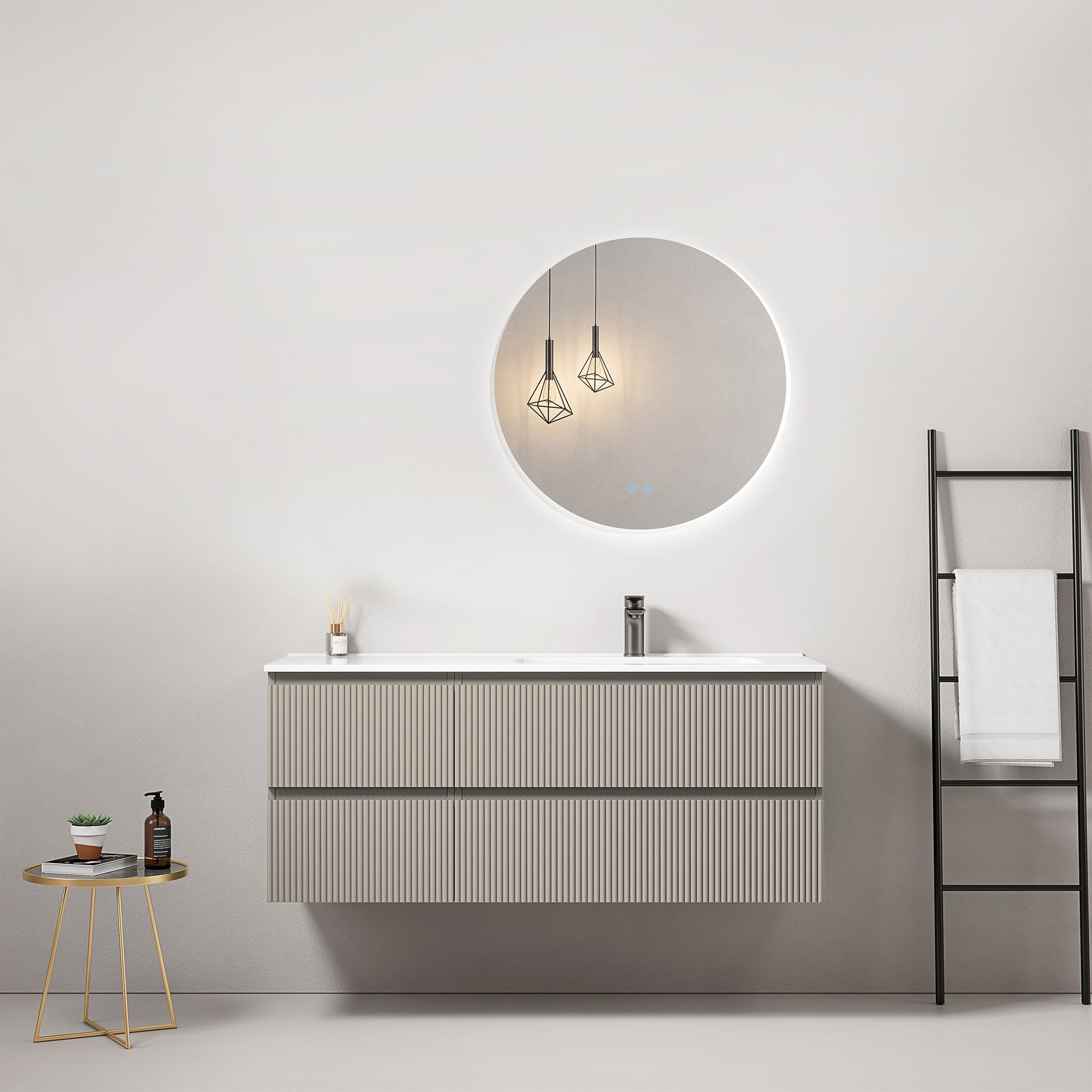 Mobile bagno sospeso cannettato 120 cm Grigio Cenere Lavabo a Destra in Ceramica Specchio Tondo Retroilluminato - Fiji Paint