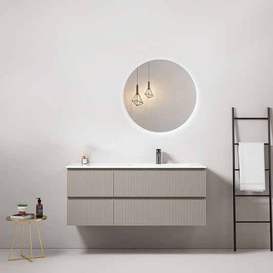 Mobile bagno sospeso cannettato 120 cm Grigio Cenere Lavabo a Destra in Ceramica Specchio Tondo Retroilluminato - Fiji Paint