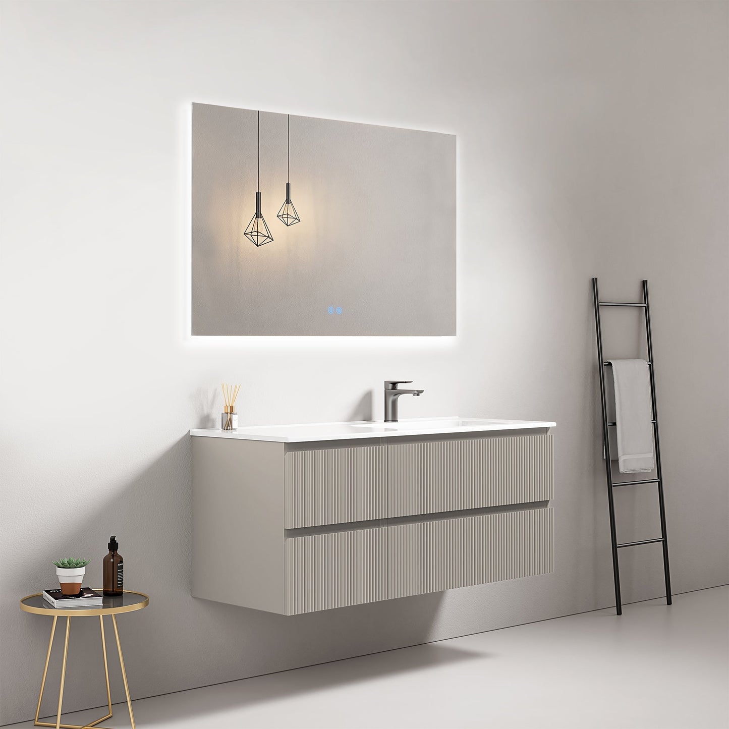Mobile bagno sospeso cannettato 120 cm Grigio Cenere Lavabo a Destra in Ceramica Specchio Quadro Retroilluminato - Fiji Paint